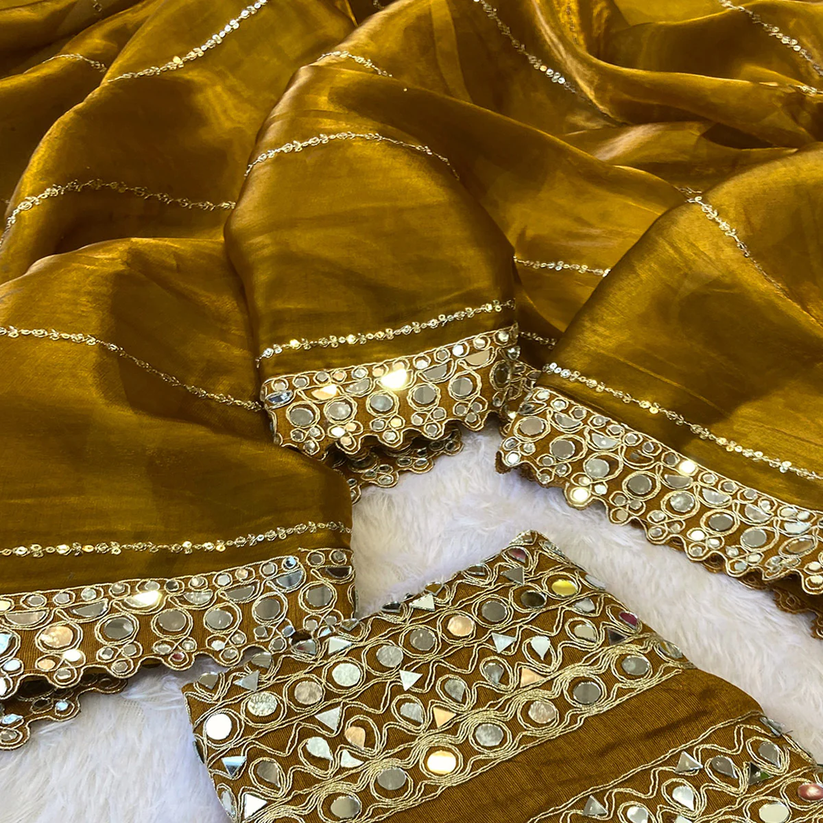 Gold Jimmy Choo Satin Saree Adorned With Sequins Embroidery & Mirror Accents - Image 2