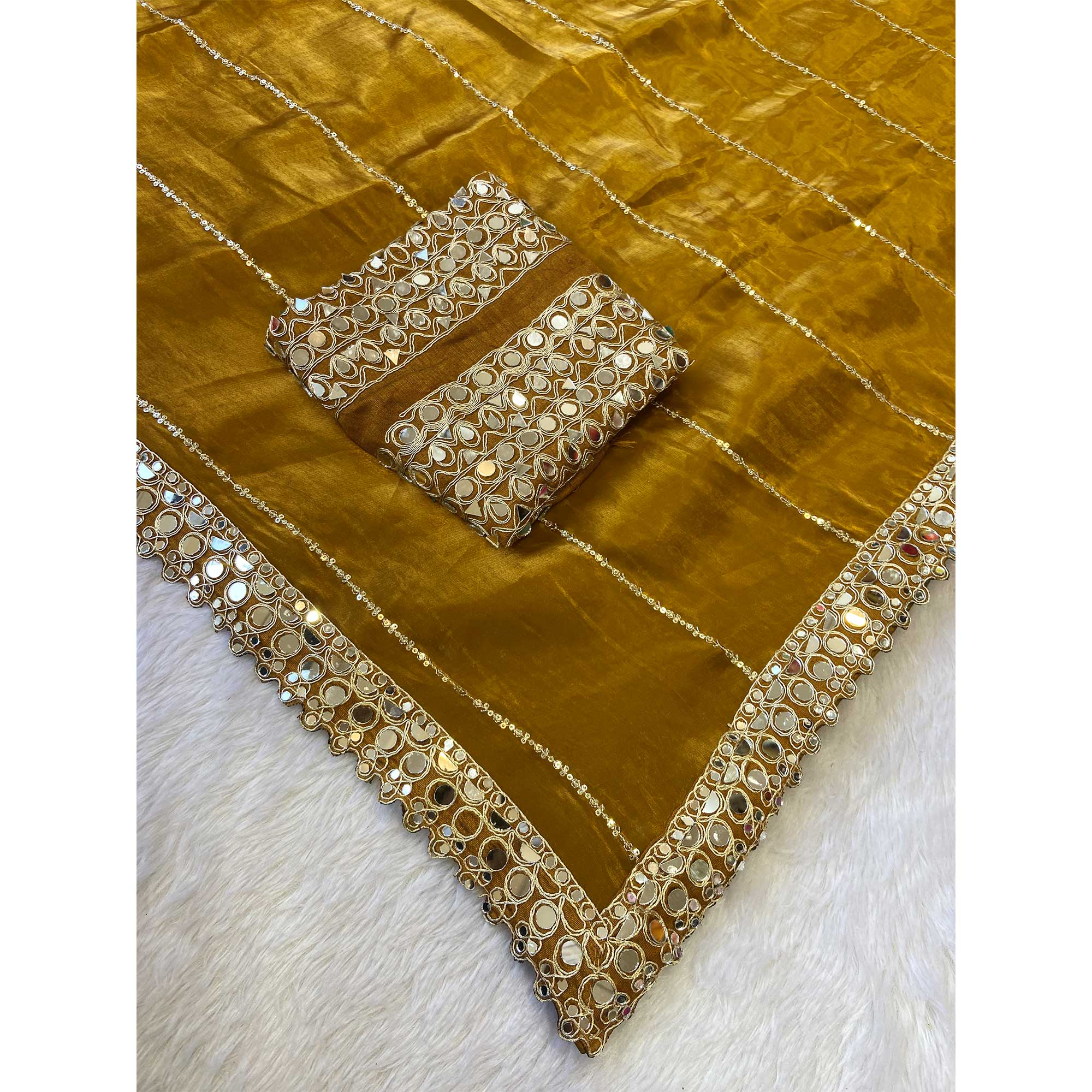 Gold Jimmy Choo Satin Saree Adorned With Sequins Embroidery & Mirror Accents - Image 4