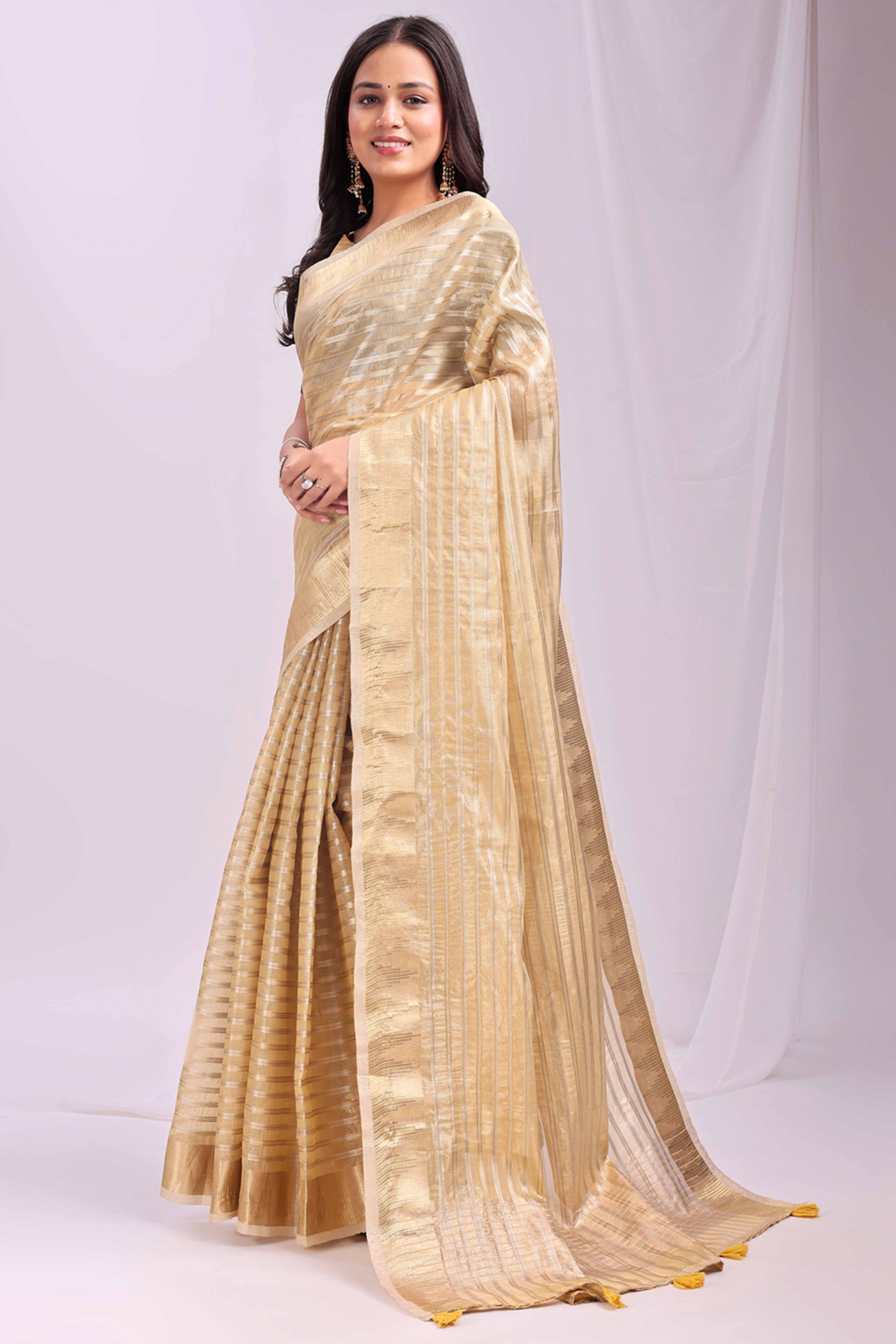 Gold Lightweight Organza Saree with Rich Zari Stripes Pattern - Image 3