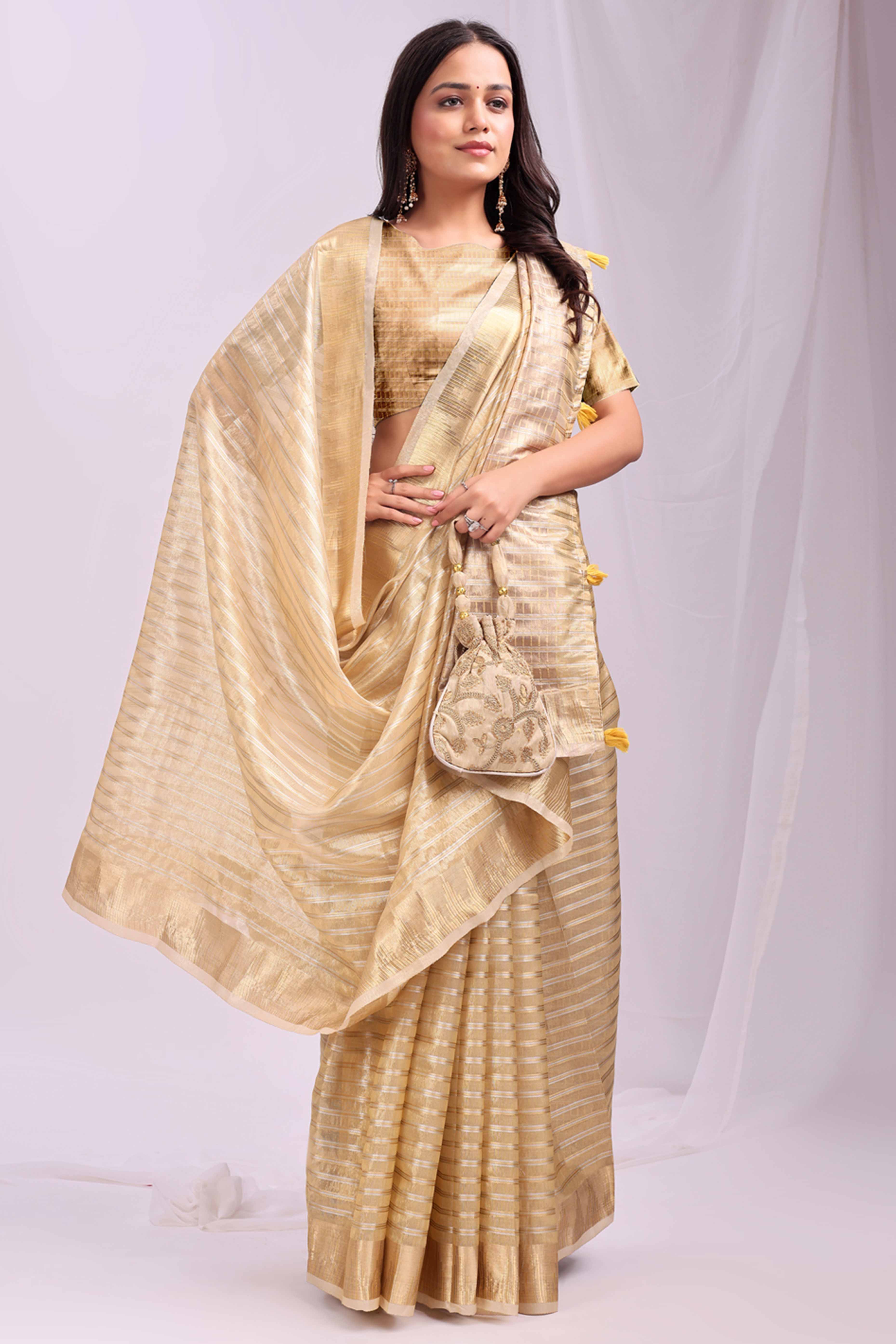 Gold Lightweight Organza Saree with Rich Zari Stripes Pattern - Image 4