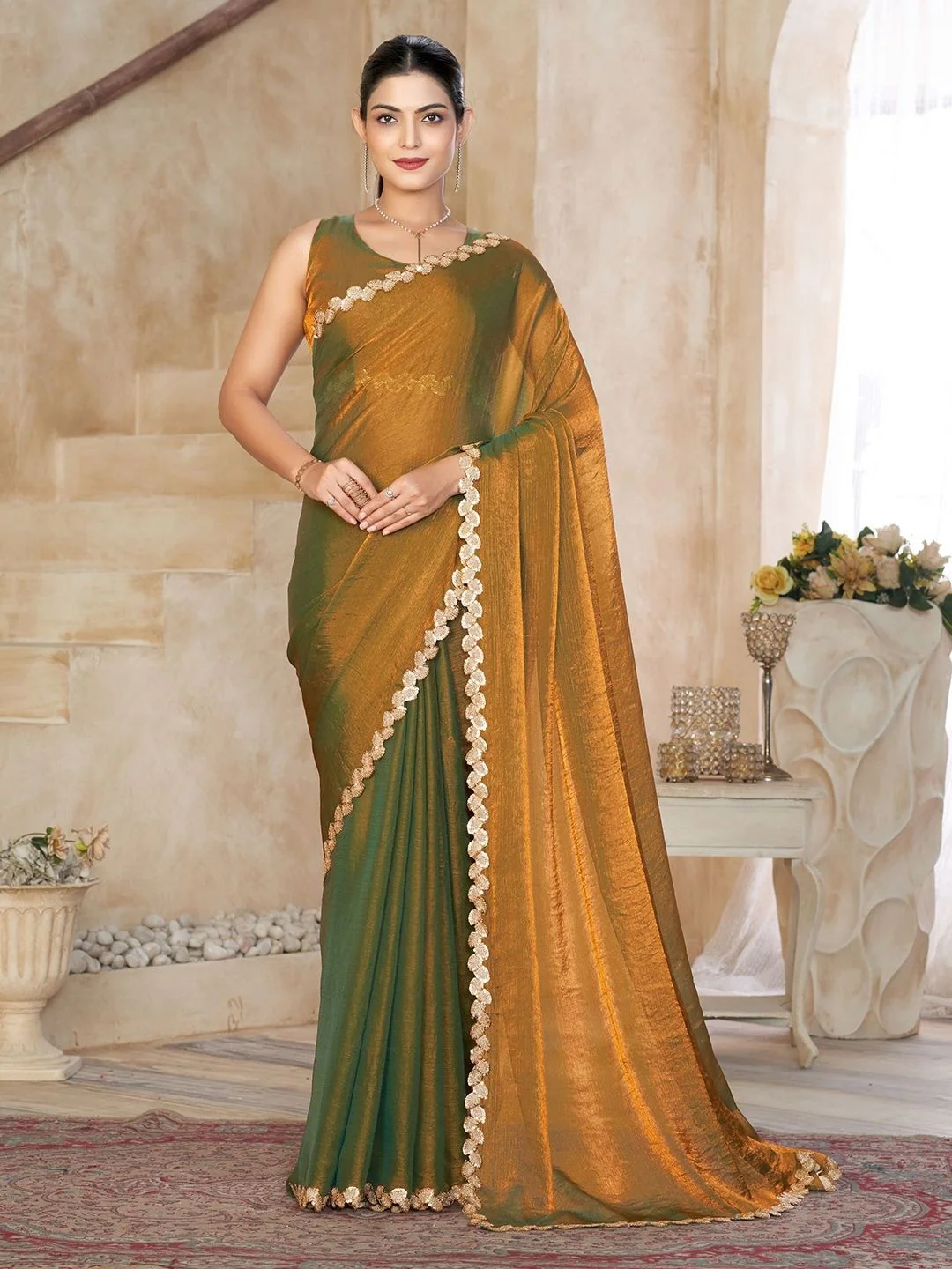 Gold Satin Saree with Intricate Border Detailing for Elegant Evening Wear