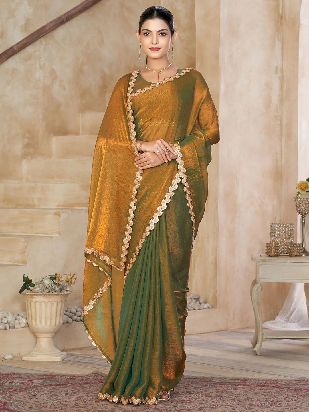 Gold Satin Saree with Intricate Border Detailing for Elegant Evening Wear - Image 4