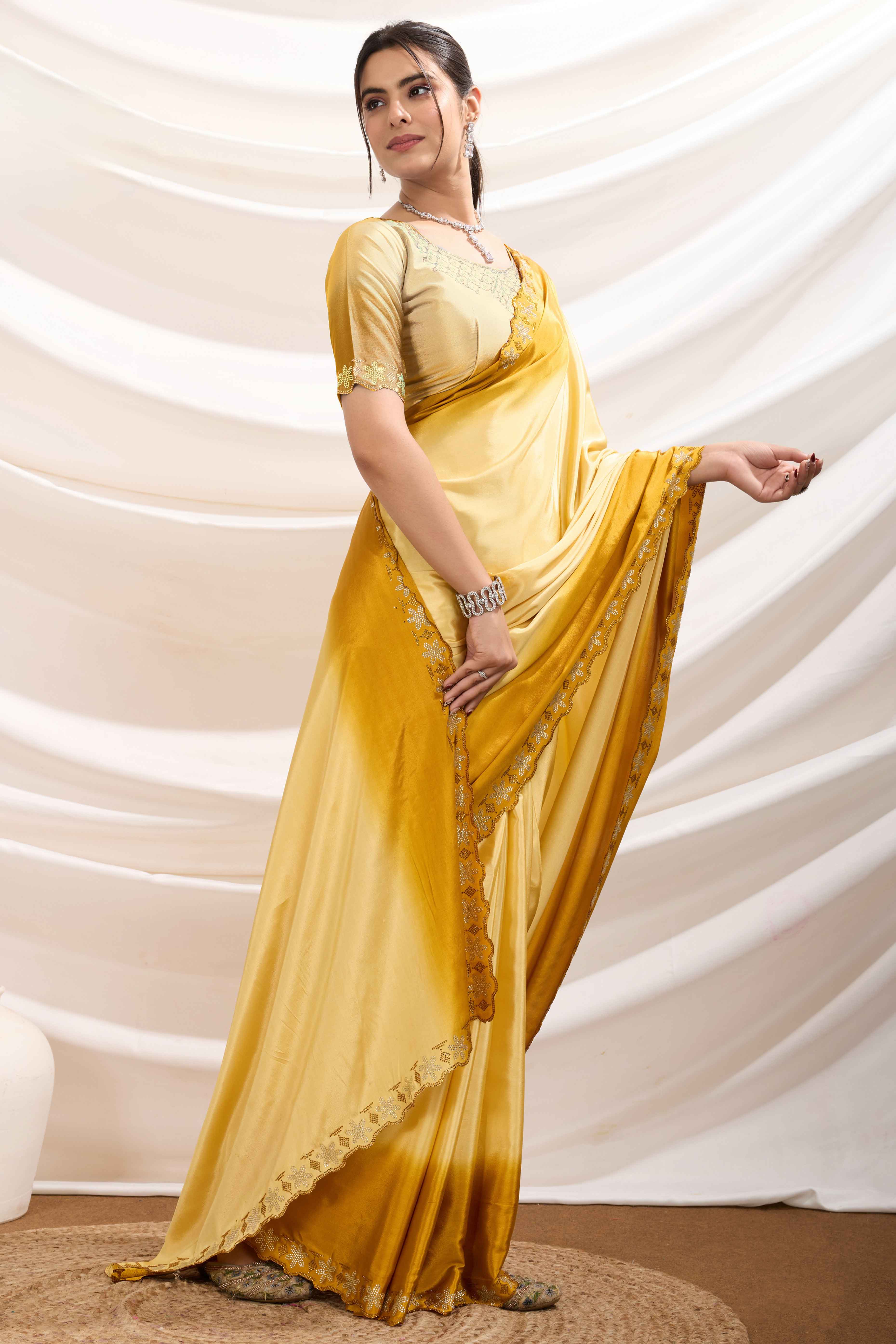 Gold Two Tone Ombre Crepe Saree With Exquisite Floral Stonework - Image 3