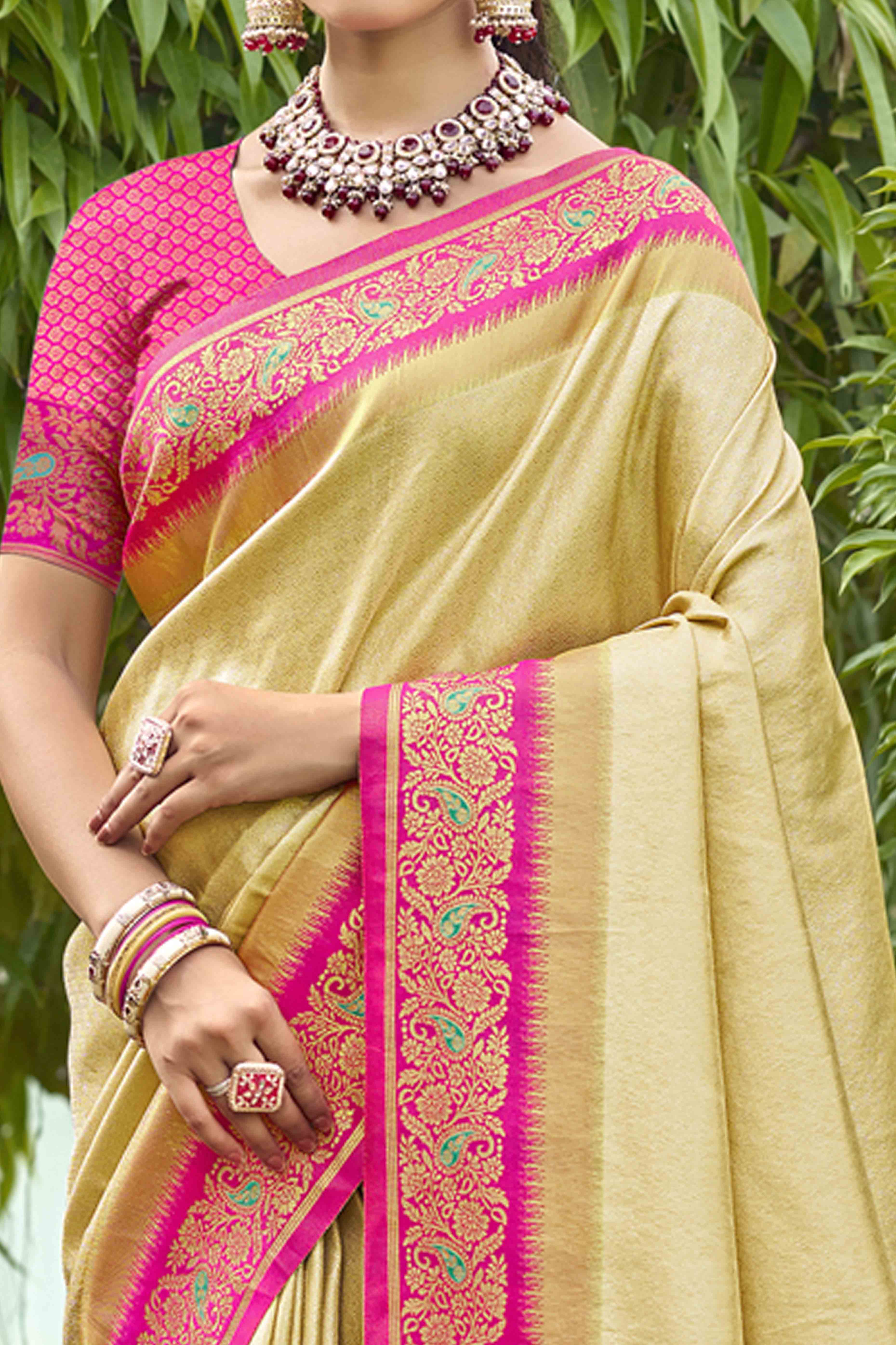 Gold Zari Weaving Organza Saree - Image 2