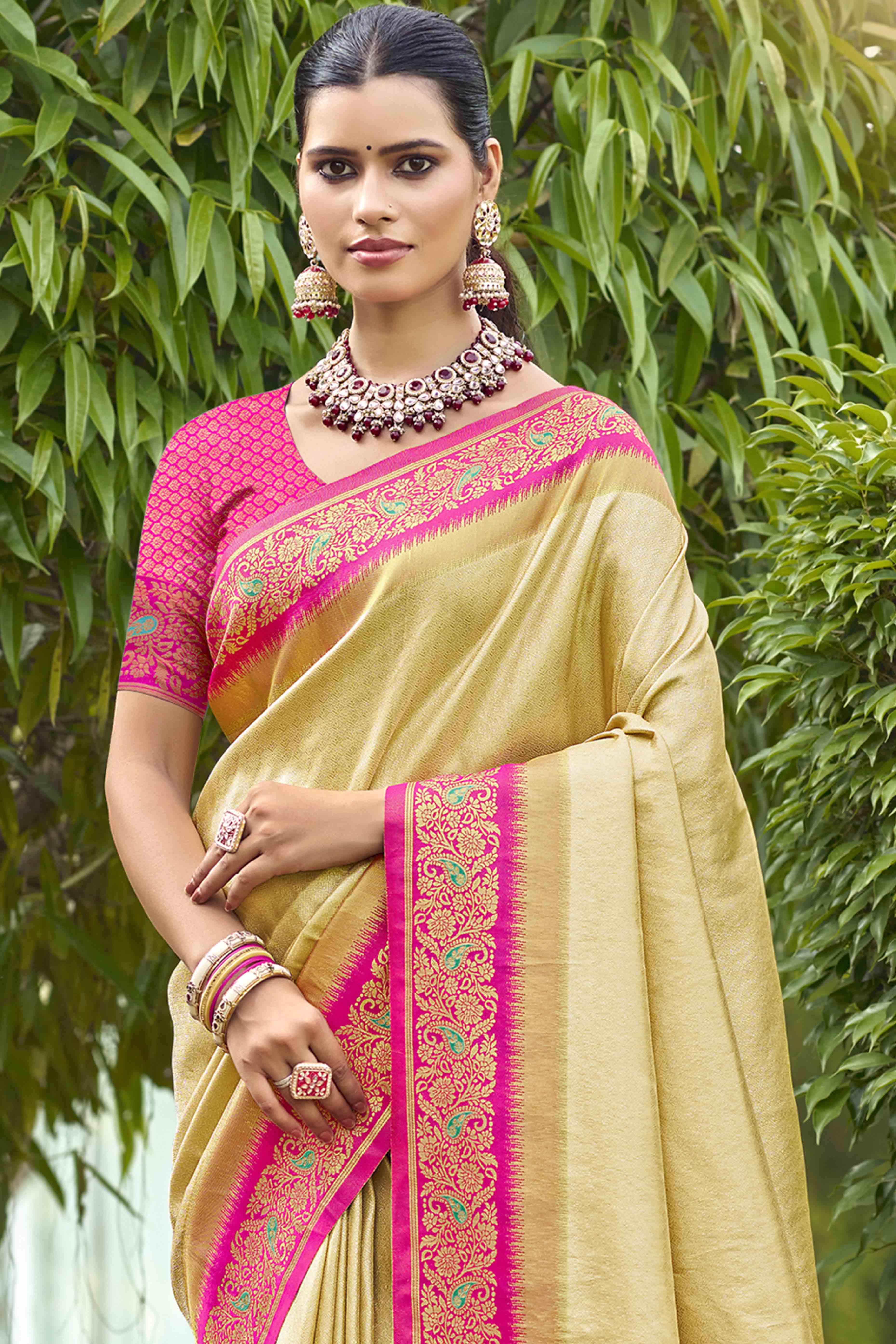 Gold Zari Weaving Organza Saree - Image 3