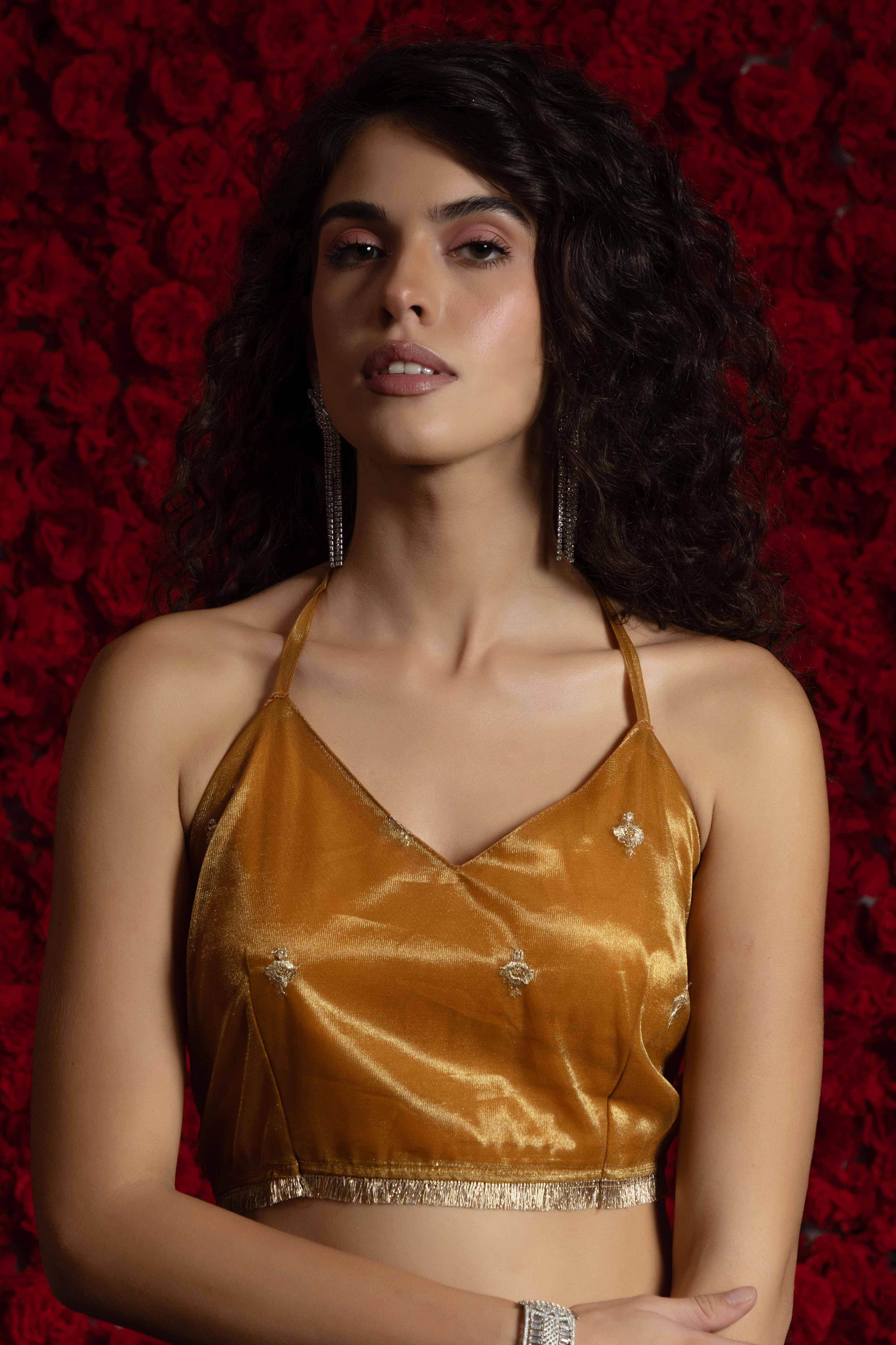 Golden Brown Floral Zari Embroidered Net Organza Saree with Intricate Handwork Lace Border - Image 6