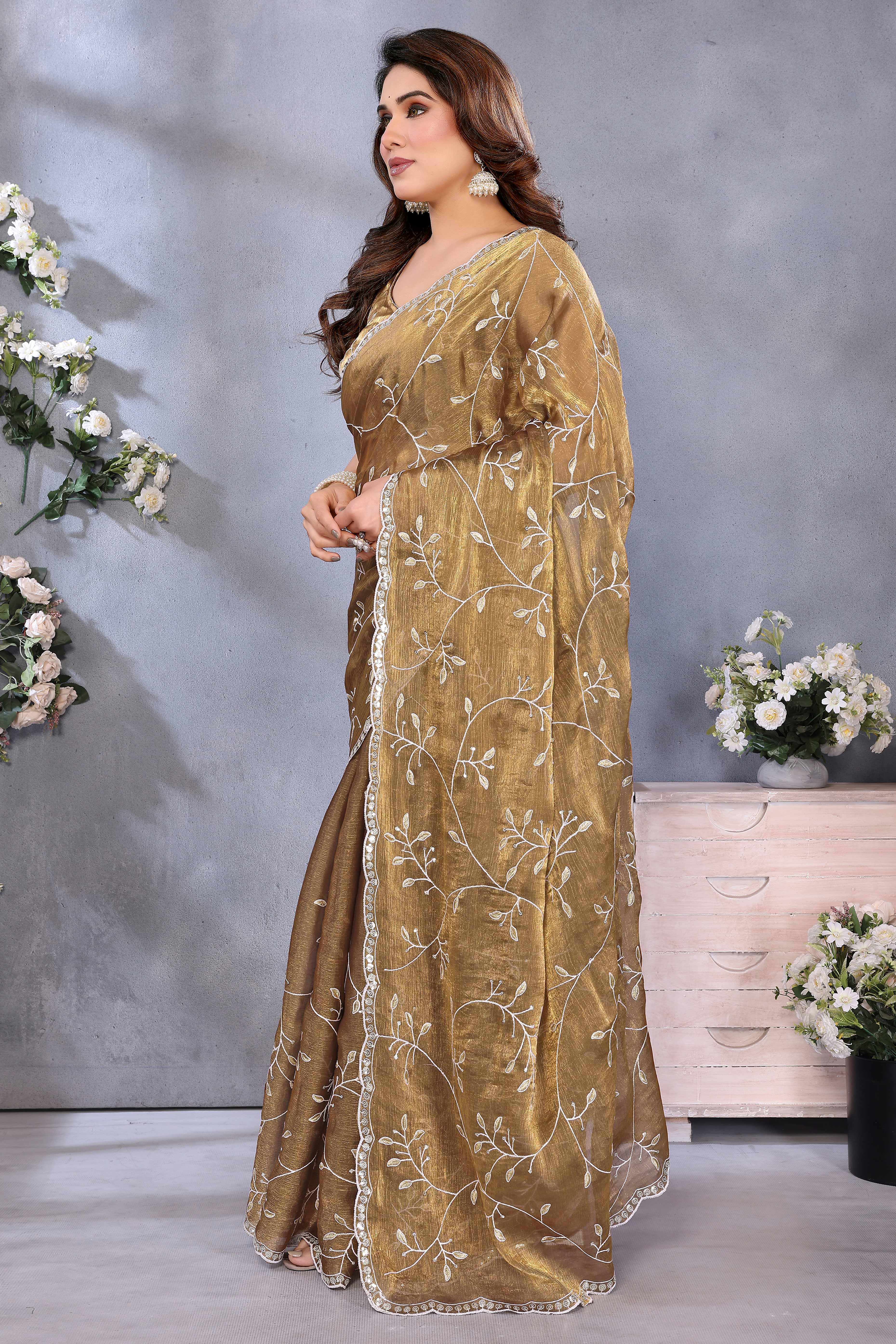 Golden Brown Jimmy Choo Chiffon Saree Adorned with Delicate Floral Sequins Embroidery - Image 3