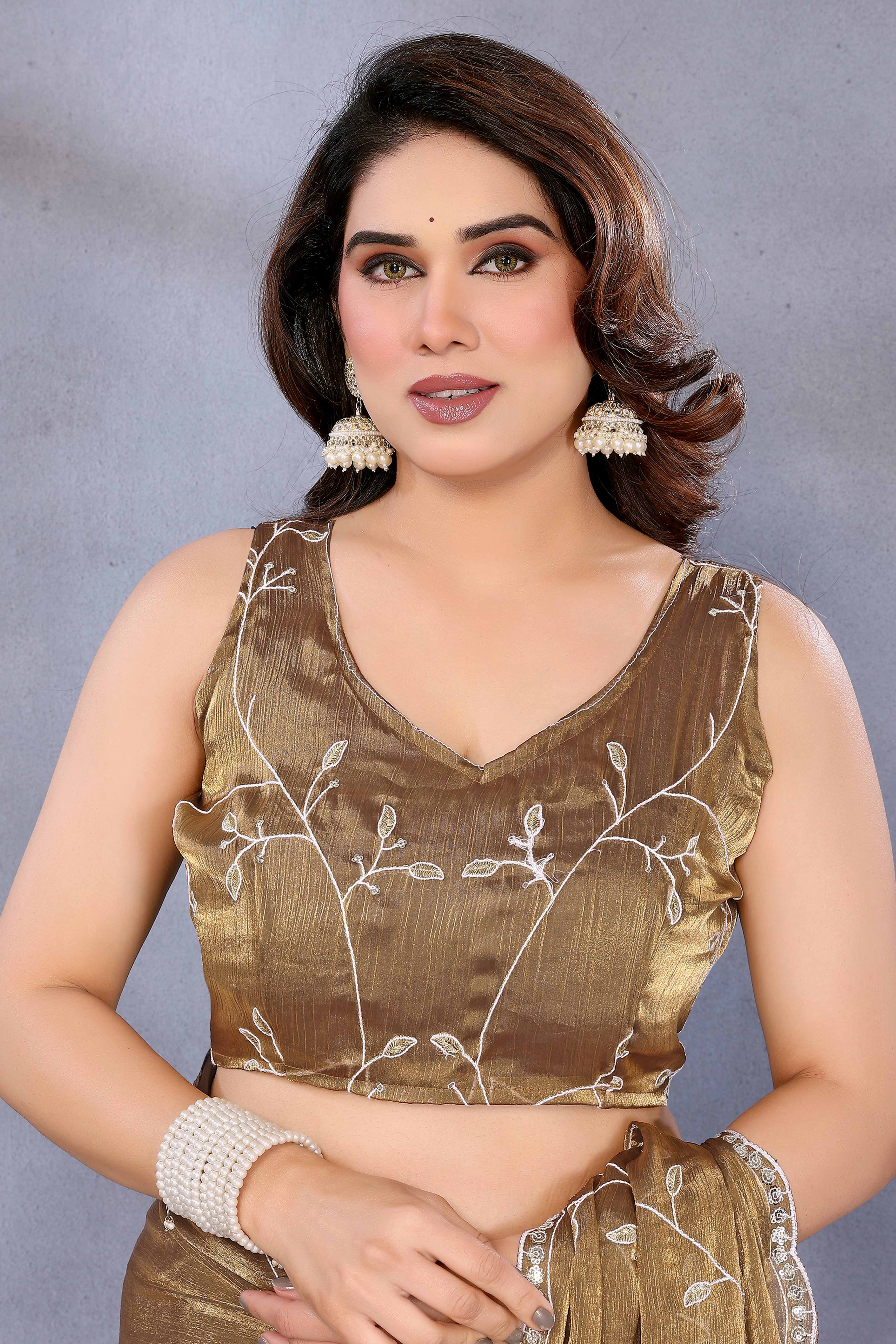 Golden Brown Jimmy Choo Chiffon Saree Adorned with Delicate Floral Sequins Embroidery - Image 7