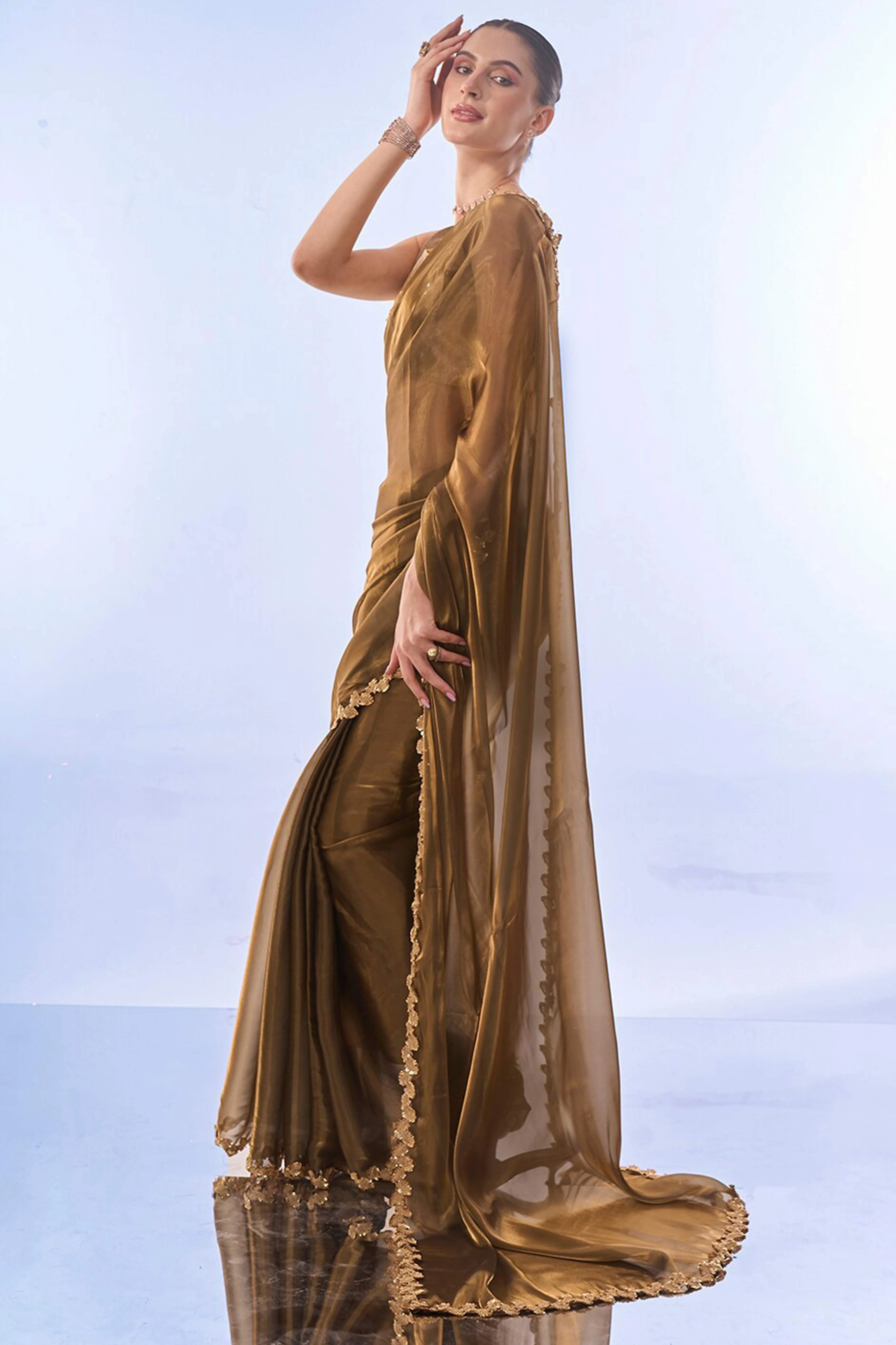 Golden Brown Solid Tissue Jimmy Choo Saree With Sequins Embroidered Cut Work Lace - Image 4