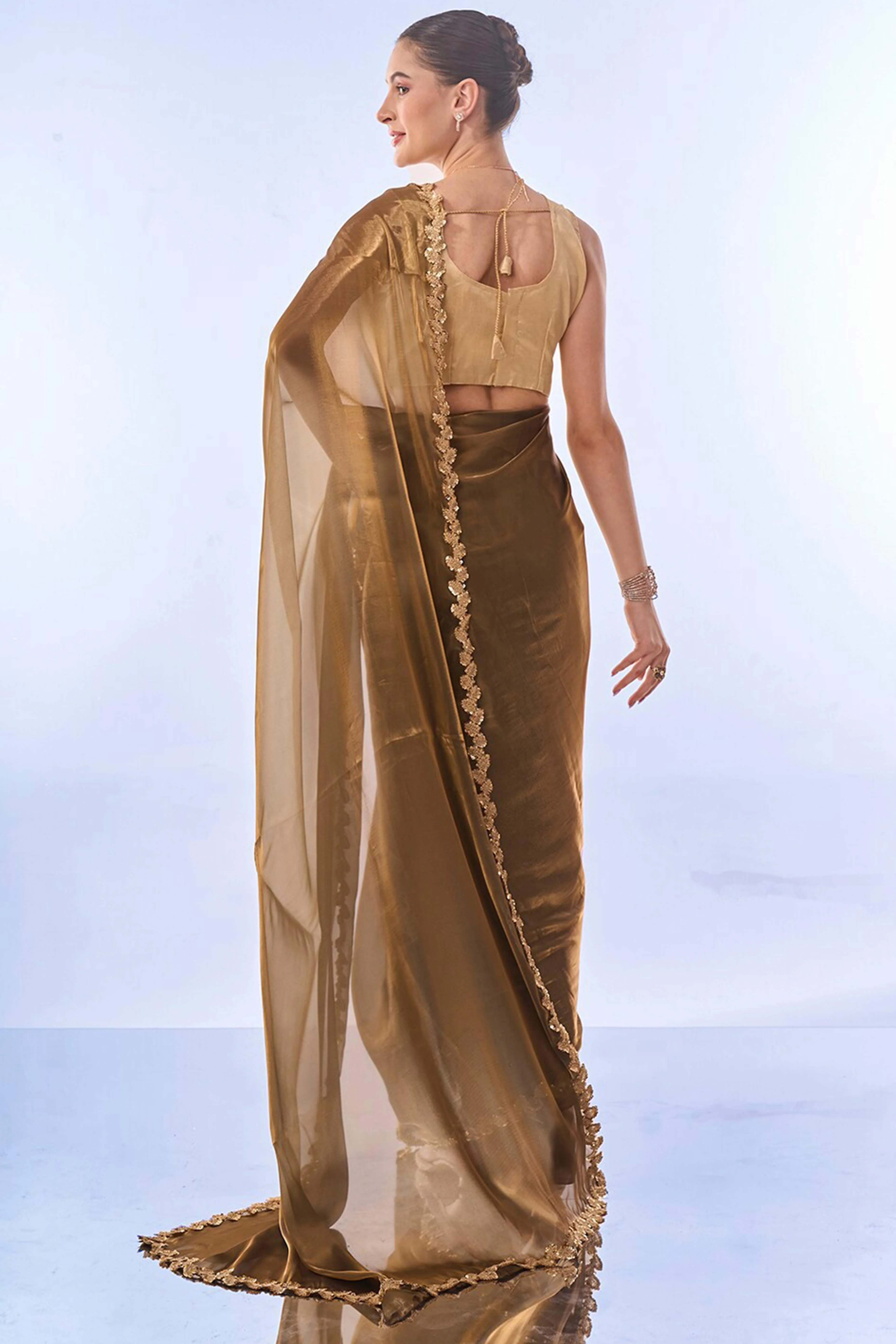 Golden Brown Solid Tissue Jimmy Choo Saree With Sequins Embroidered Cut Work Lace - Image 5