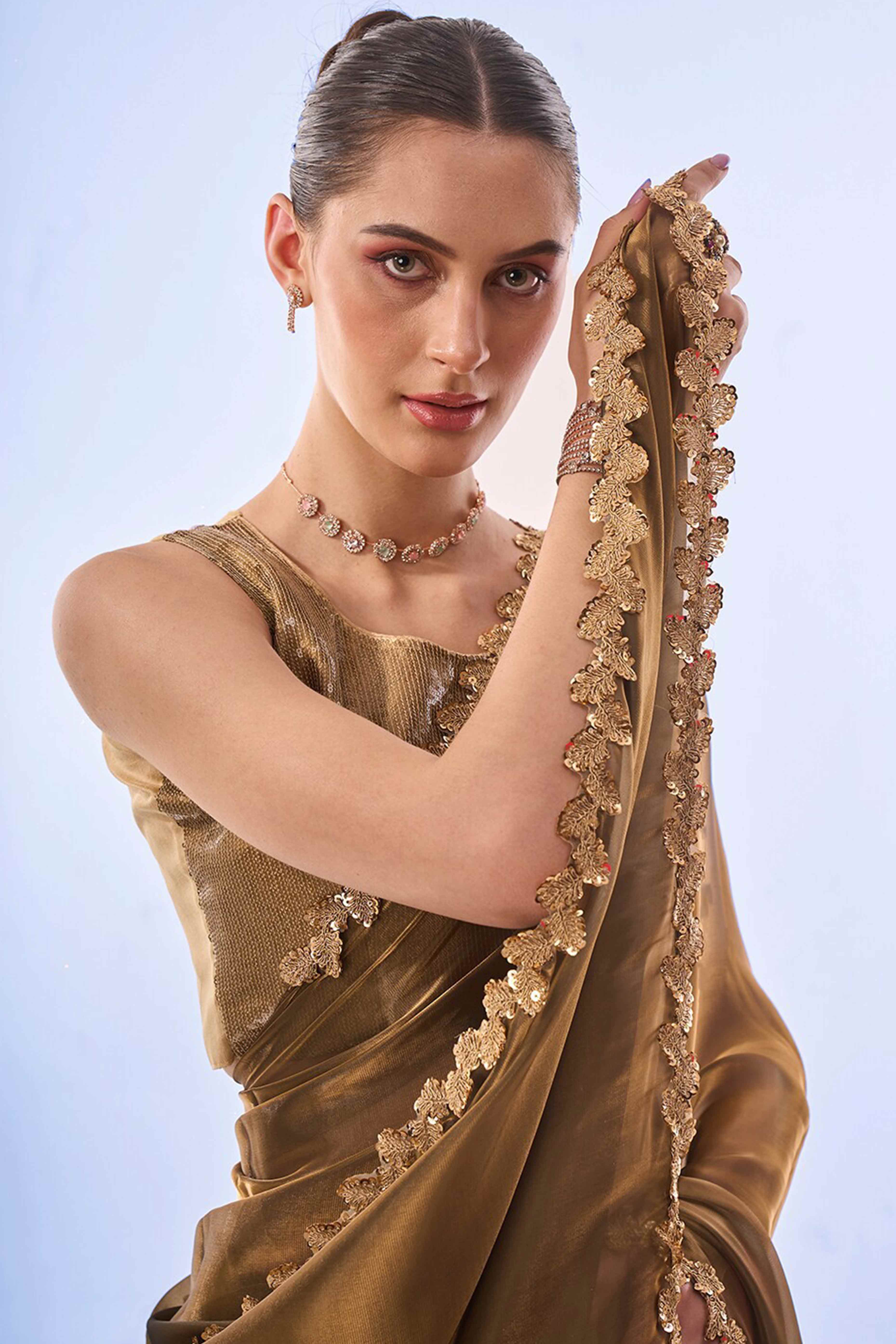 Golden Brown Solid Tissue Jimmy Choo Saree With Sequins Embroidered Cut Work Lace - Image 6