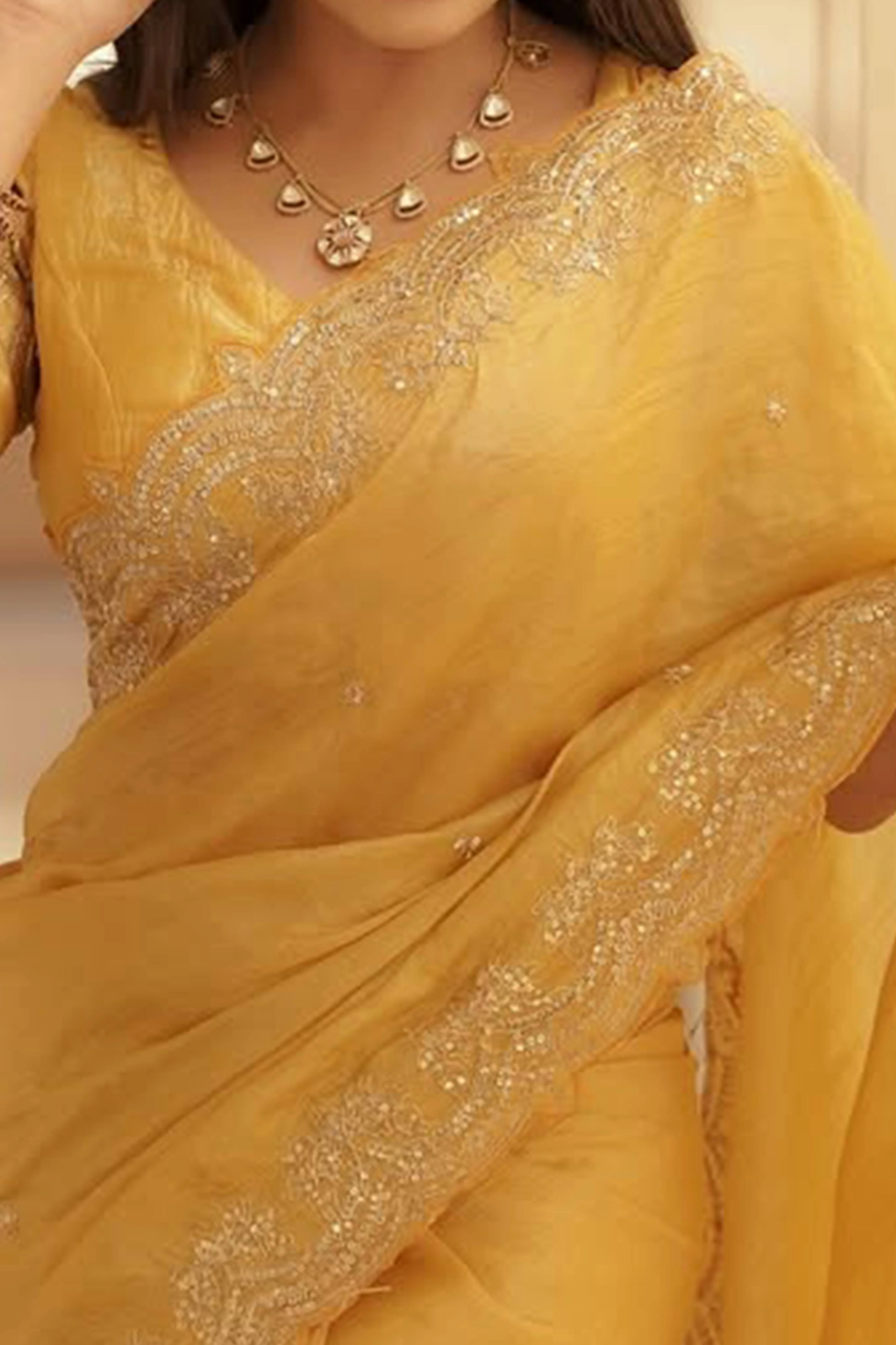 Golden Silk Blend Saree Accented with Sparkling Sequin Embellished - Image 2