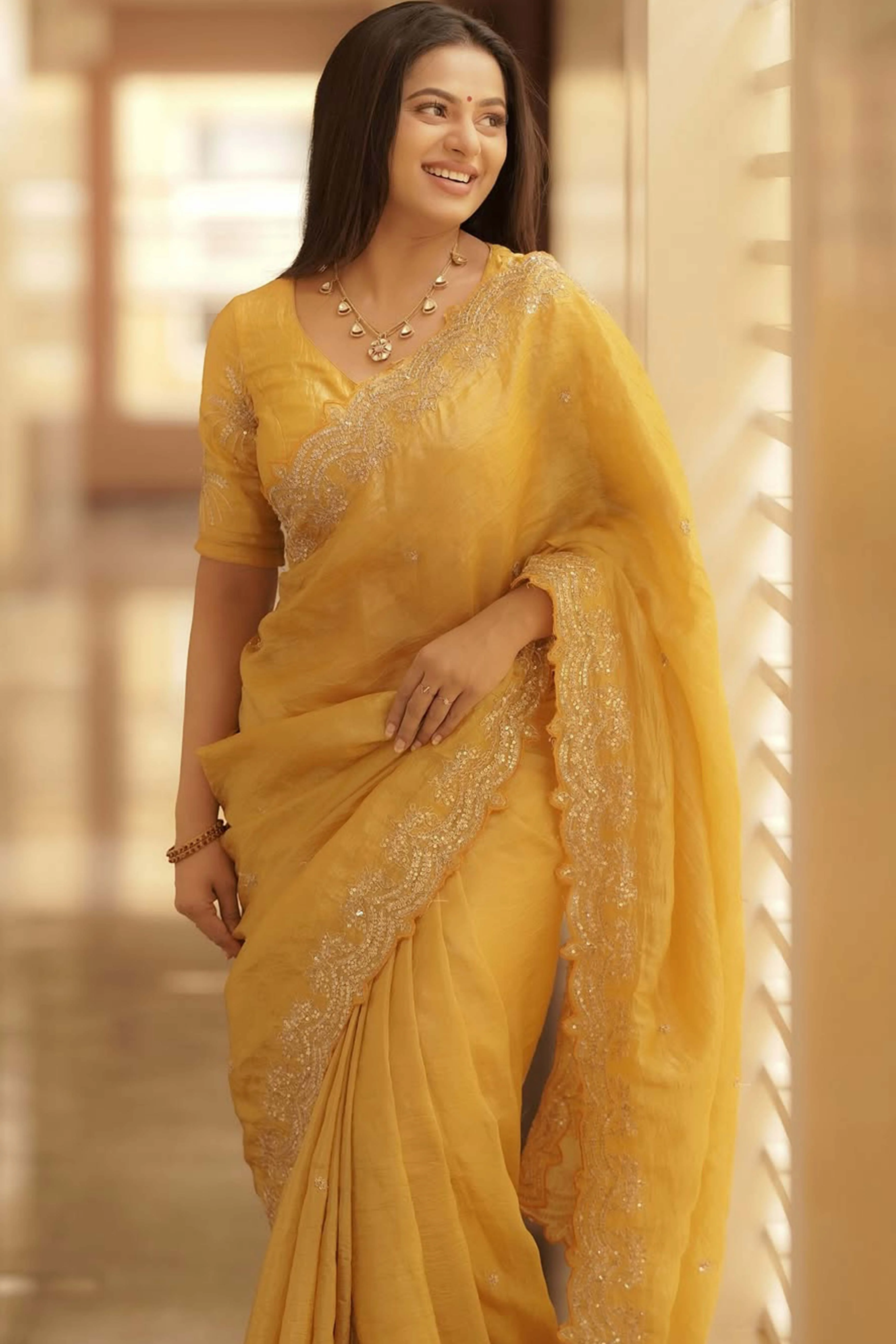 Golden Silk Blend Saree Accented with Sparkling Sequin Embellished - Image 3