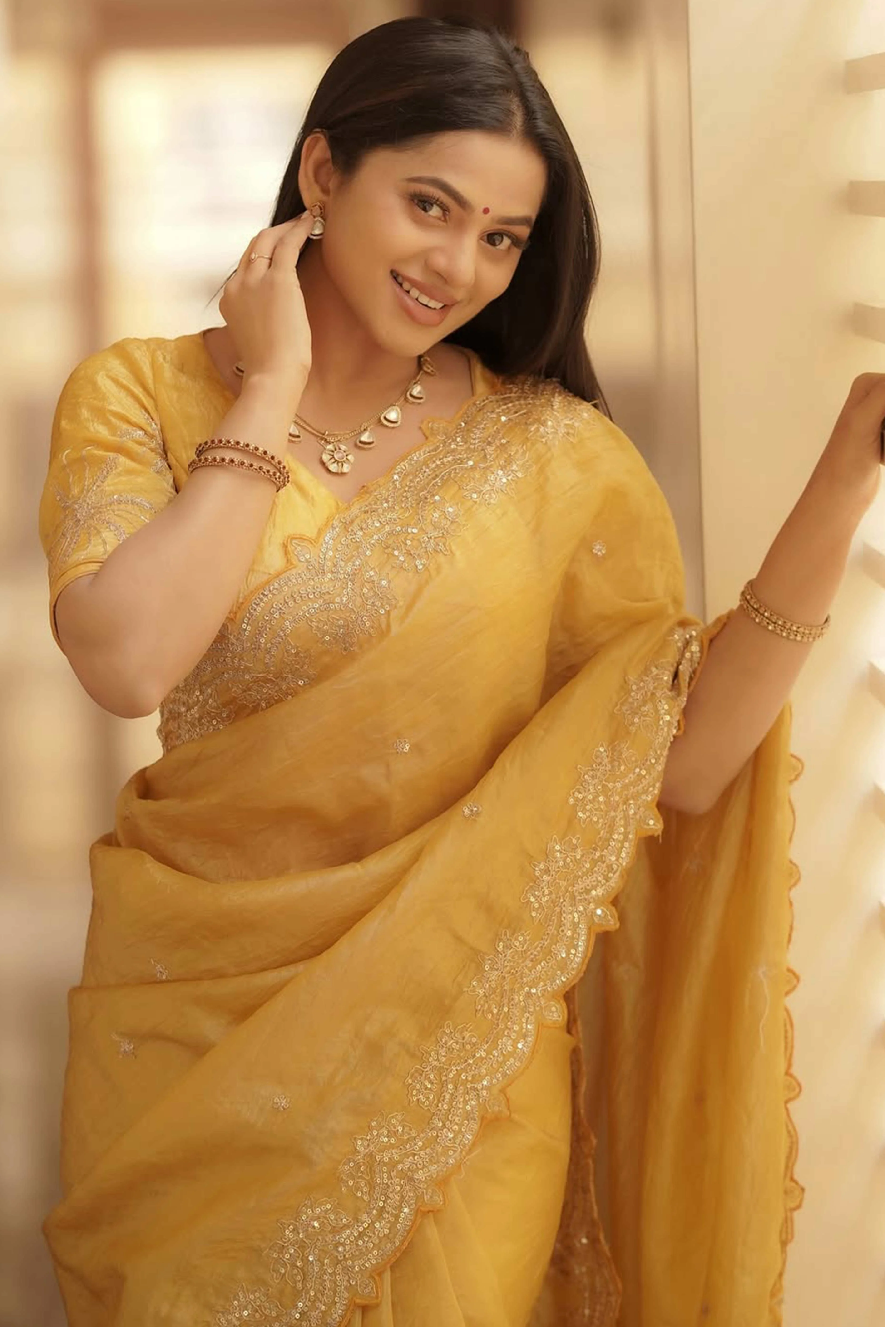 Golden Silk Blend Saree Accented with Sparkling Sequin Embellished - Image 4