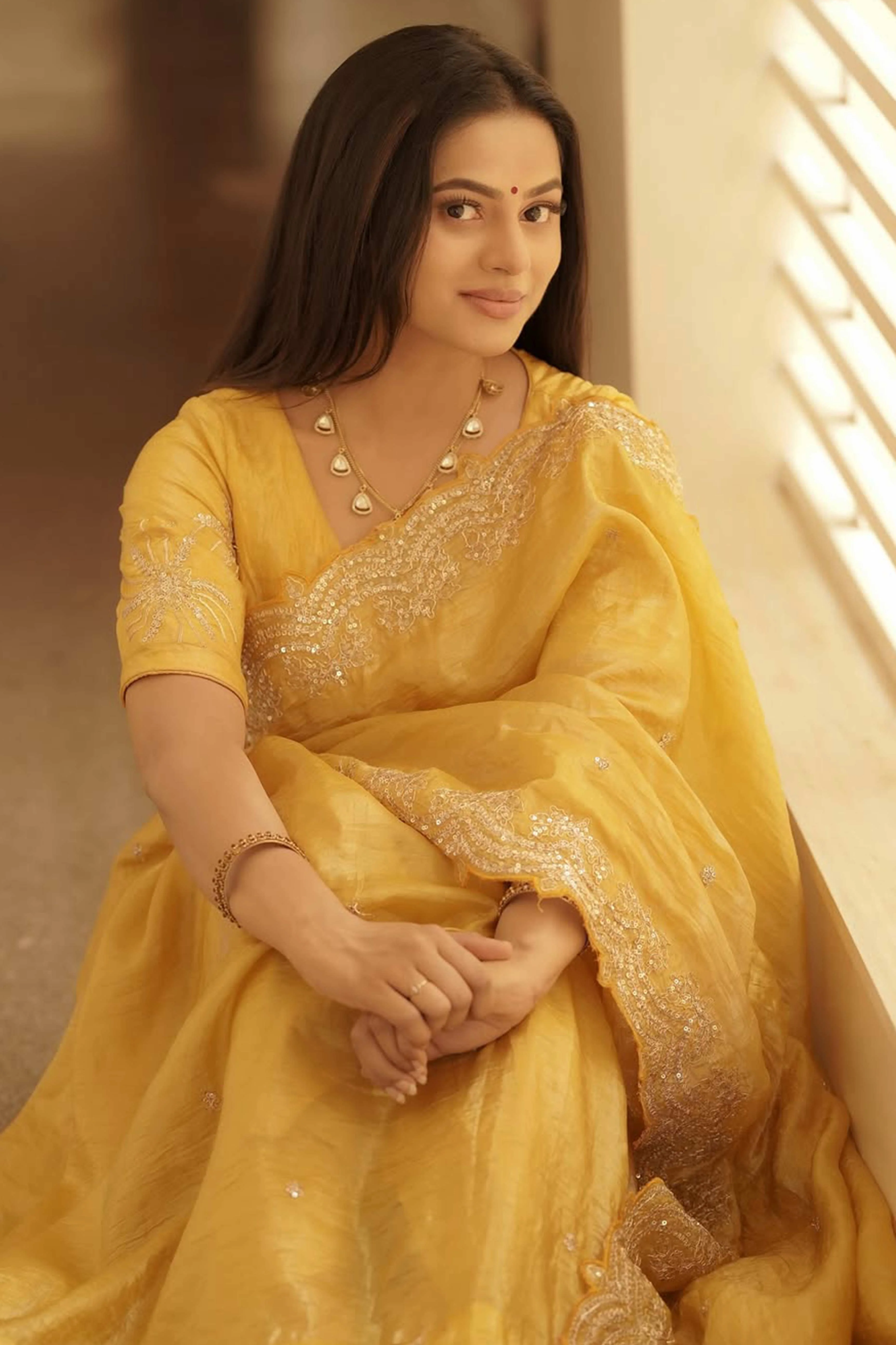 Golden Silk Blend Saree Accented with Sparkling Sequin Embellished - Image 5
