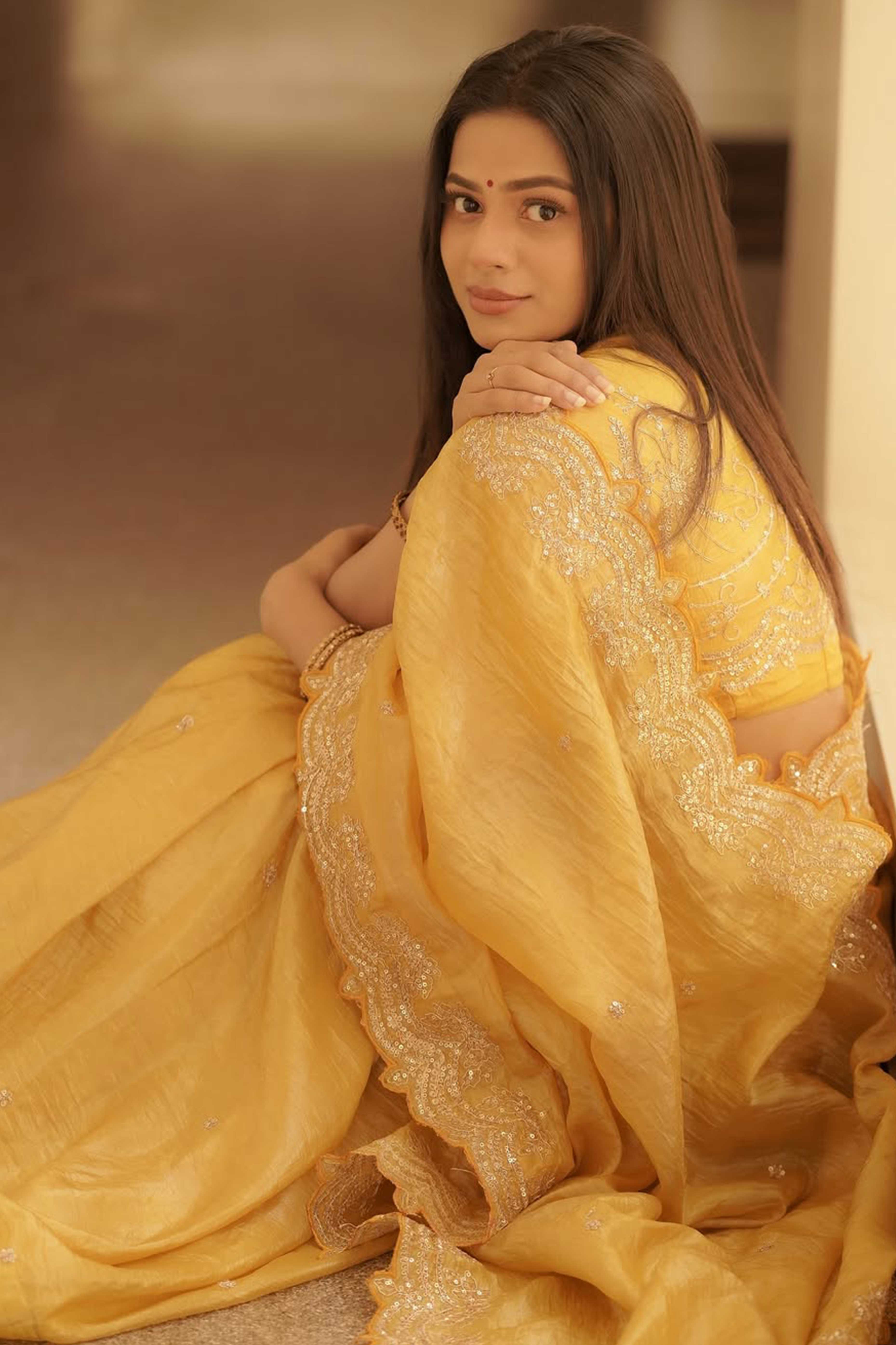 Golden Silk Blend Saree Accented with Sparkling Sequin Embellished - Image 6