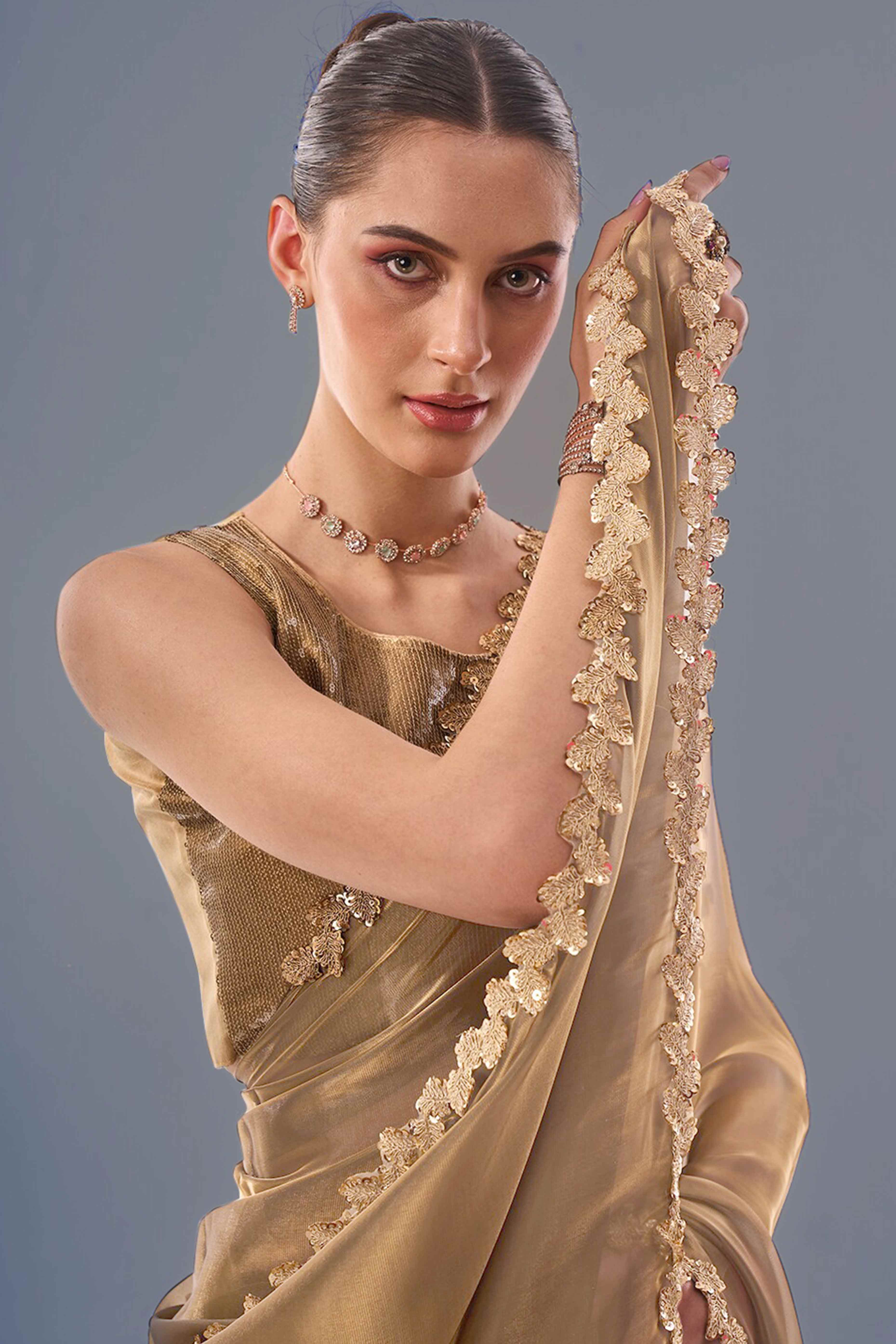 Golden Solid Tissue Jimmy Choo Saree With Sequins Embroidered Cut Work Lace - Image 6