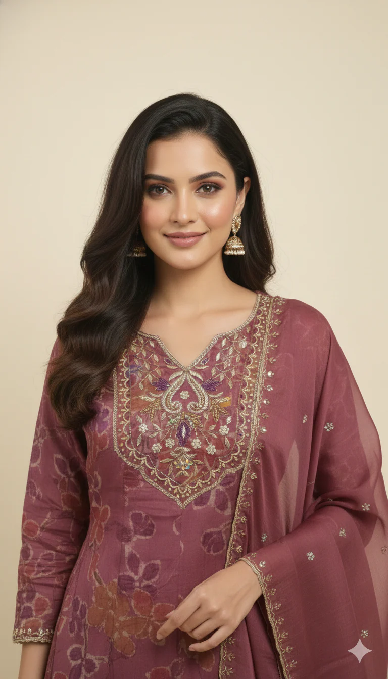 Gorgeous Dark Mauve Floral Printed Viscose Organza Anarkali Suit for Festive and Party Occasions - Image 2