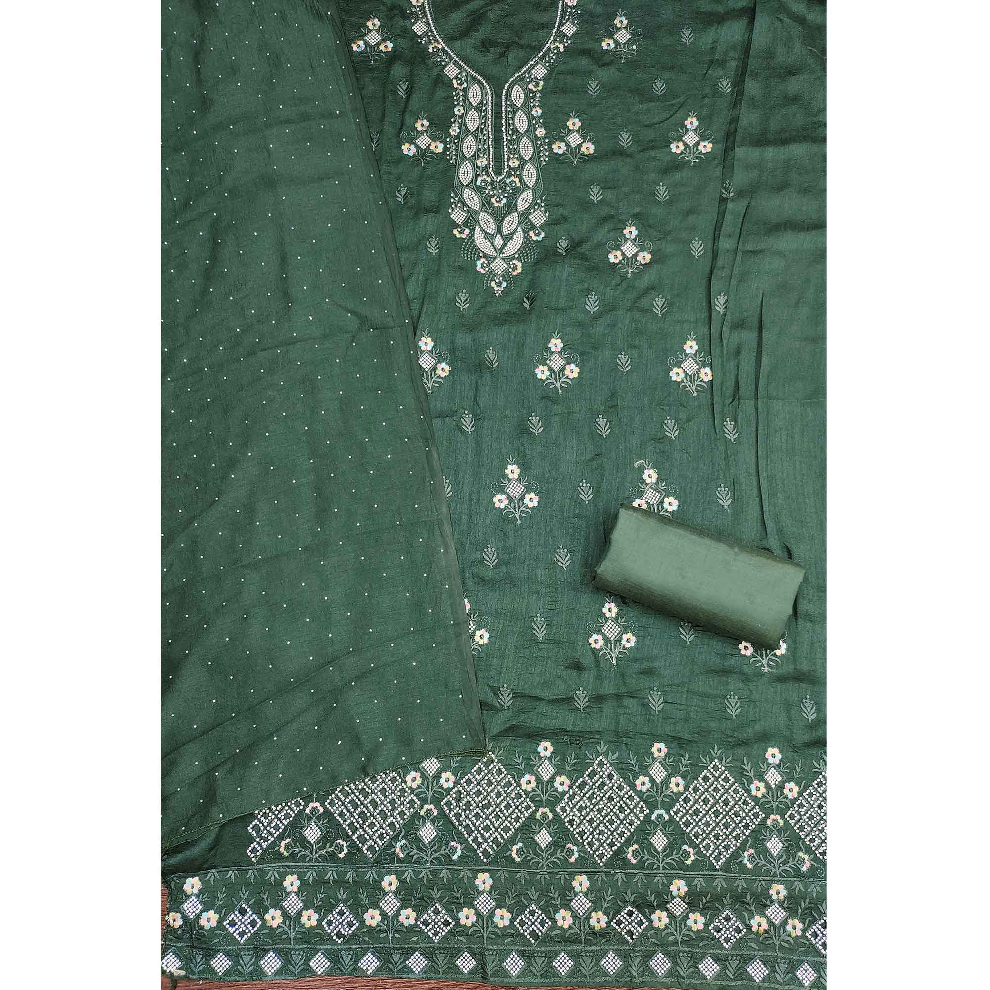 Gorgeous Green Floral Embroidered Vichitra Silk Dress Material Beautified With Swarovski Work - Image 3