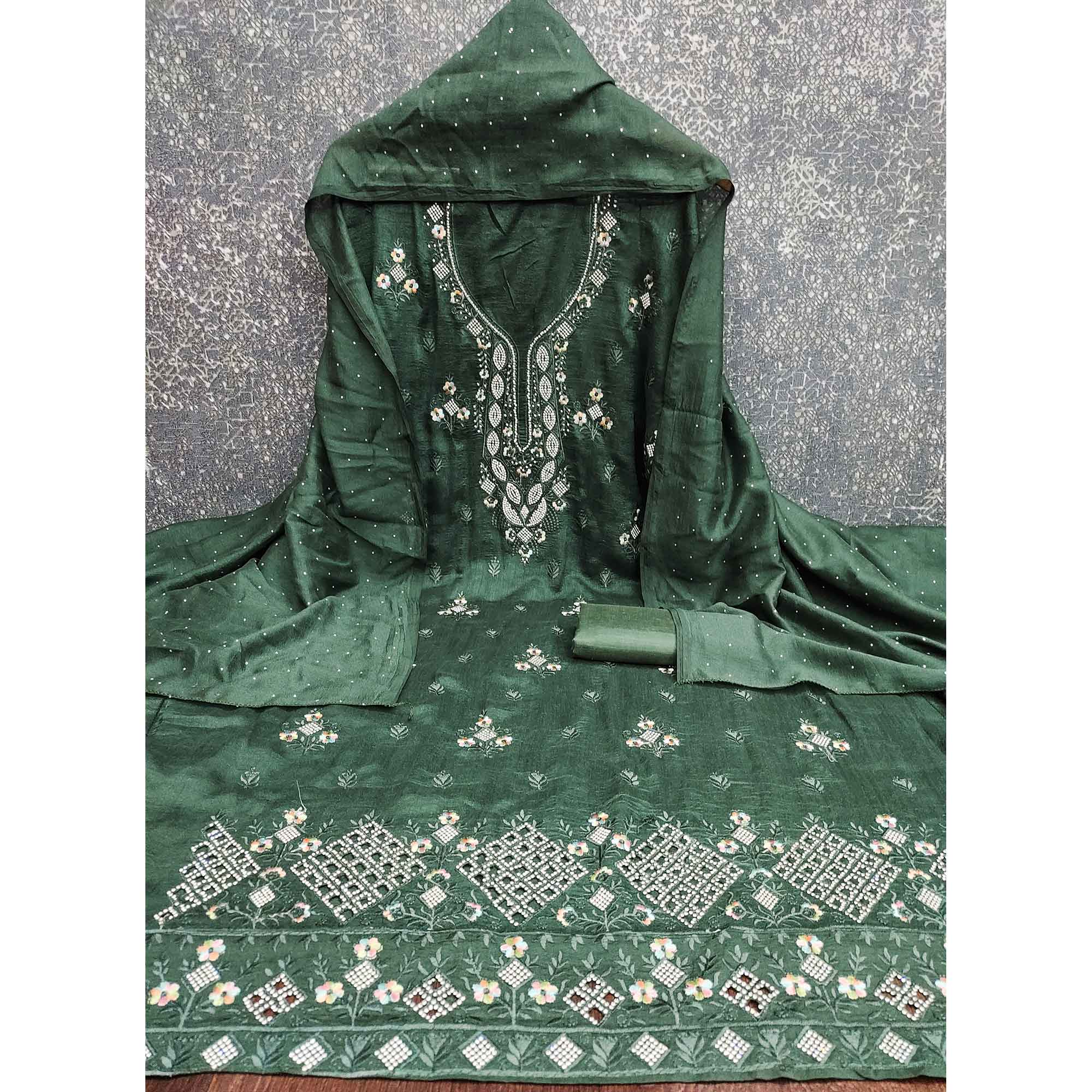 Gorgeous Green Floral Embroidered Vichitra Silk Dress Material Beautified With Swarovski Work - Image 5