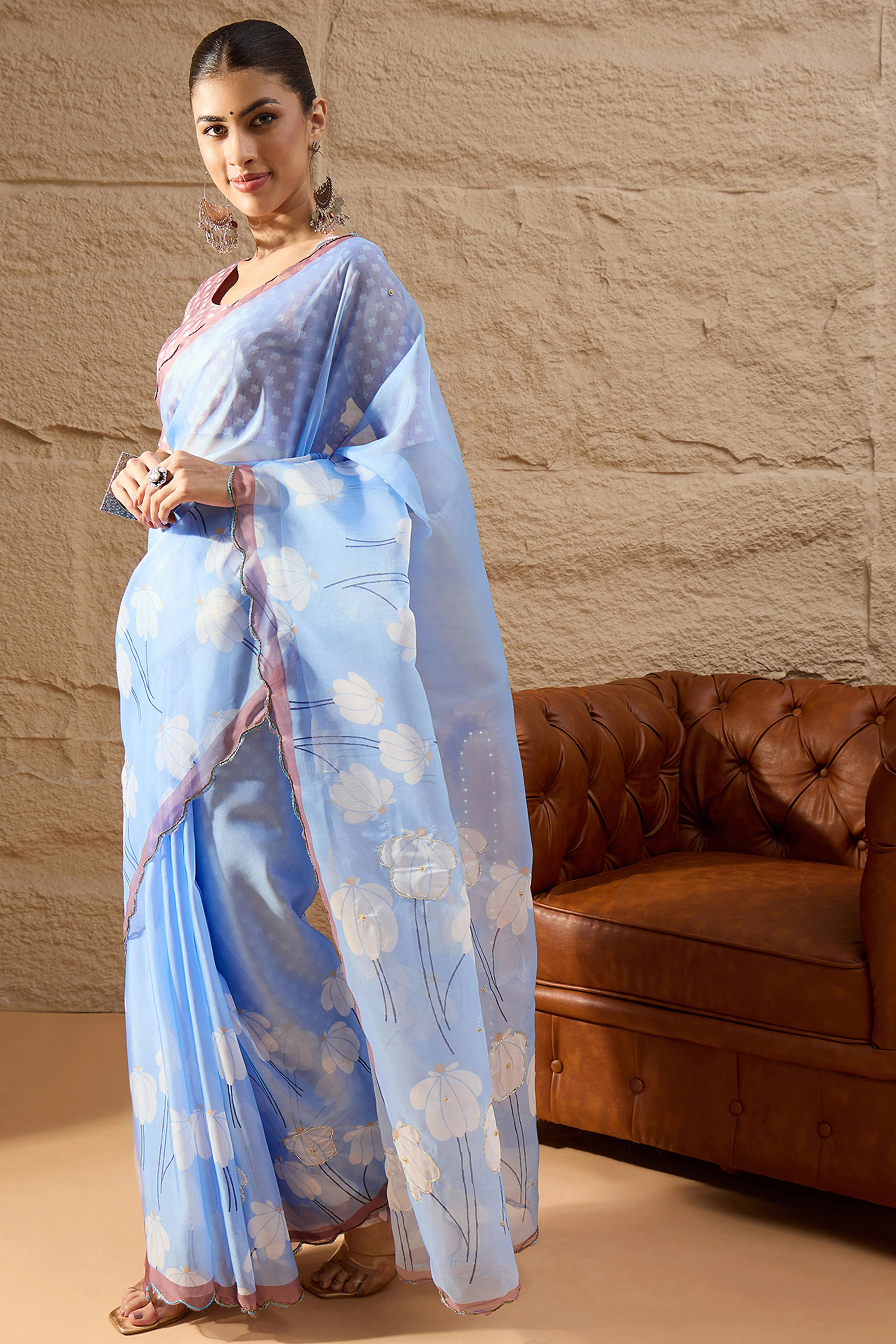 Gorgeous Light Blue Floral Printed Saree in Sheer Organza Blend Fabric with Handcrafted Beads Work - Image 3