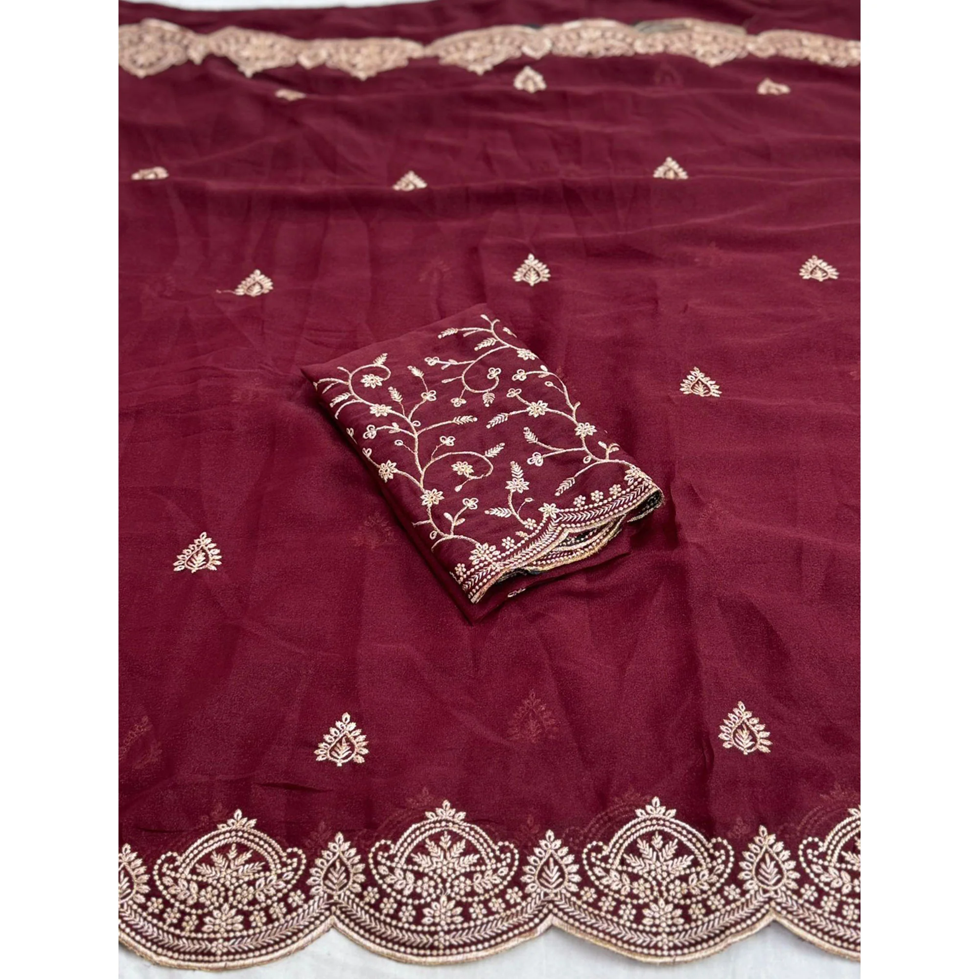 Gorgeous Maroon Floral Embroidered Georgette Saree Accented With Luxurious Zari Work - Image 3