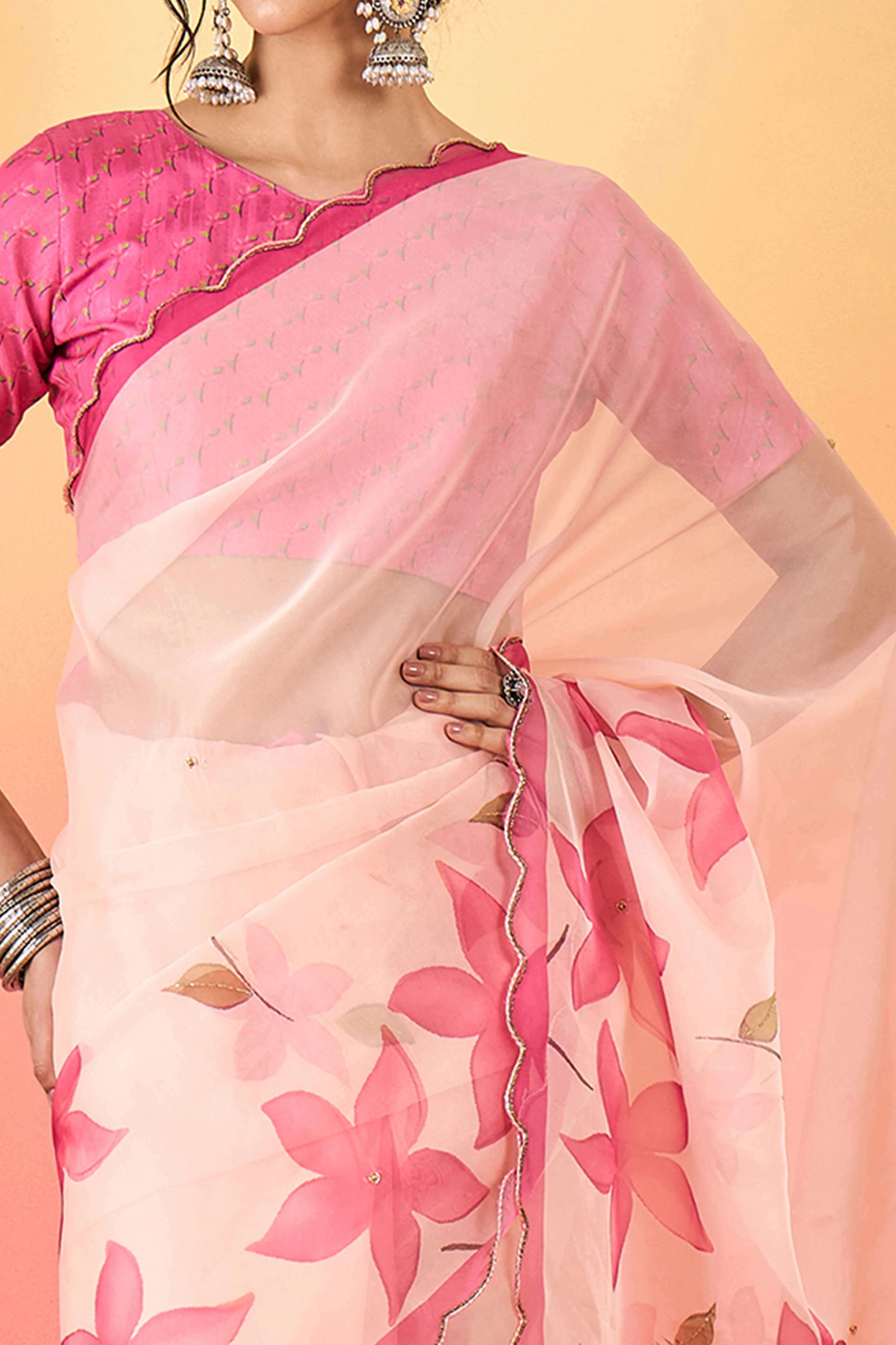 Gorgeous Pink Floral Printed Saree in Sheer Organza Blend Fabric with Handcrafted Beads Work - Image 2
