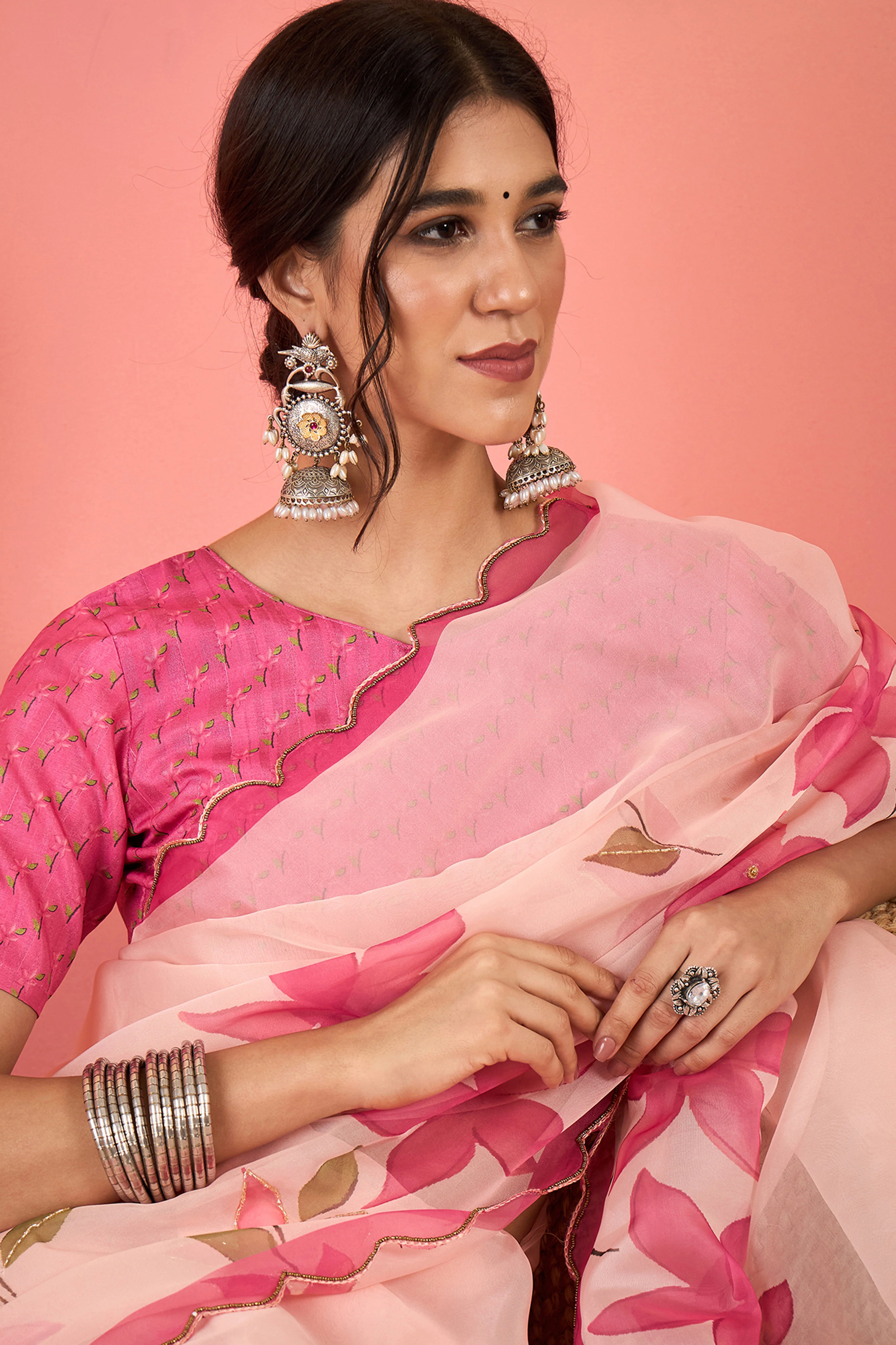 Gorgeous Pink Floral Printed Saree in Sheer Organza Blend Fabric with Handcrafted Beads Work - Image 7