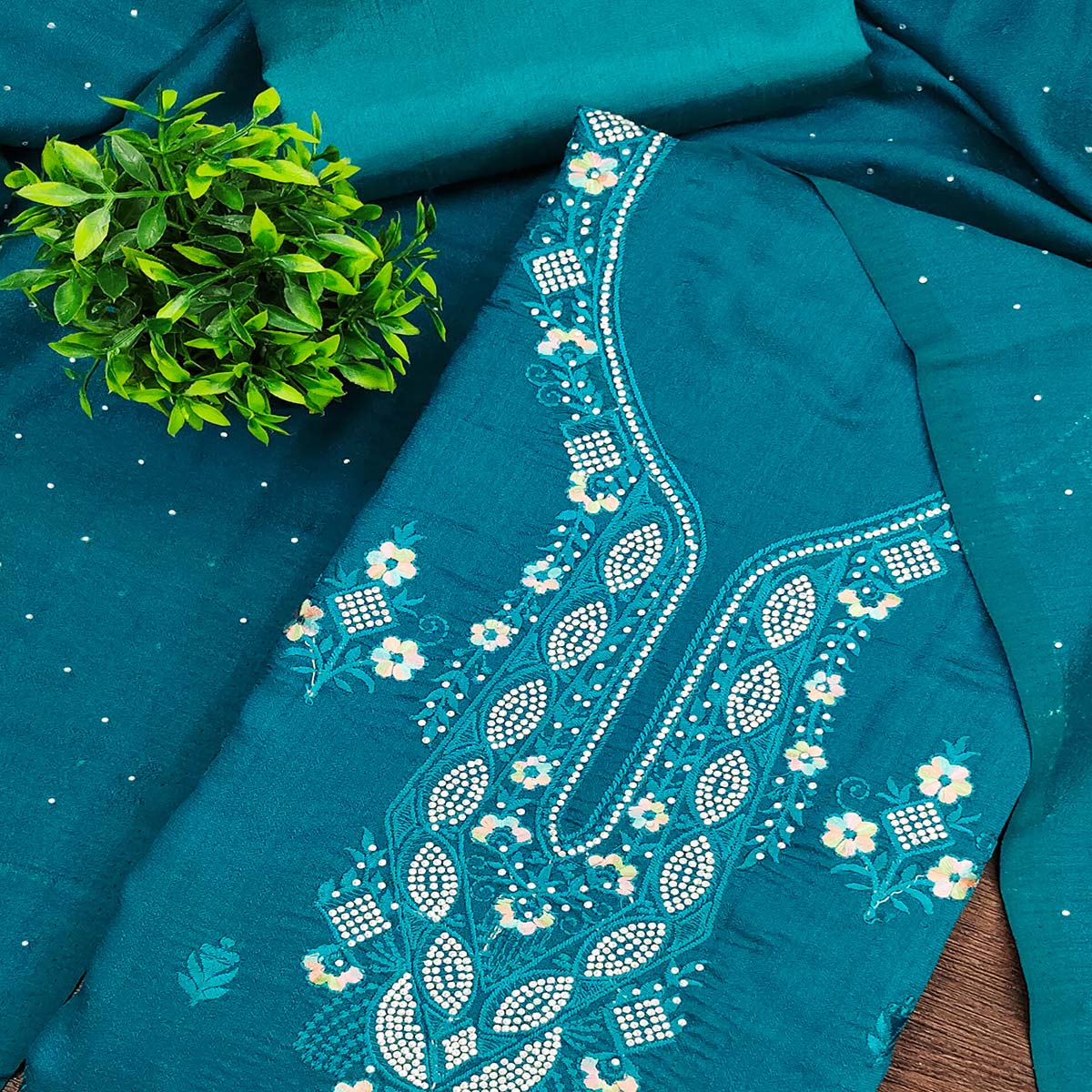 Gorgeous Teal Blue Floral Embroidered Vichitra Silk Dress Material Beautified With Swarovski Work - Image 2