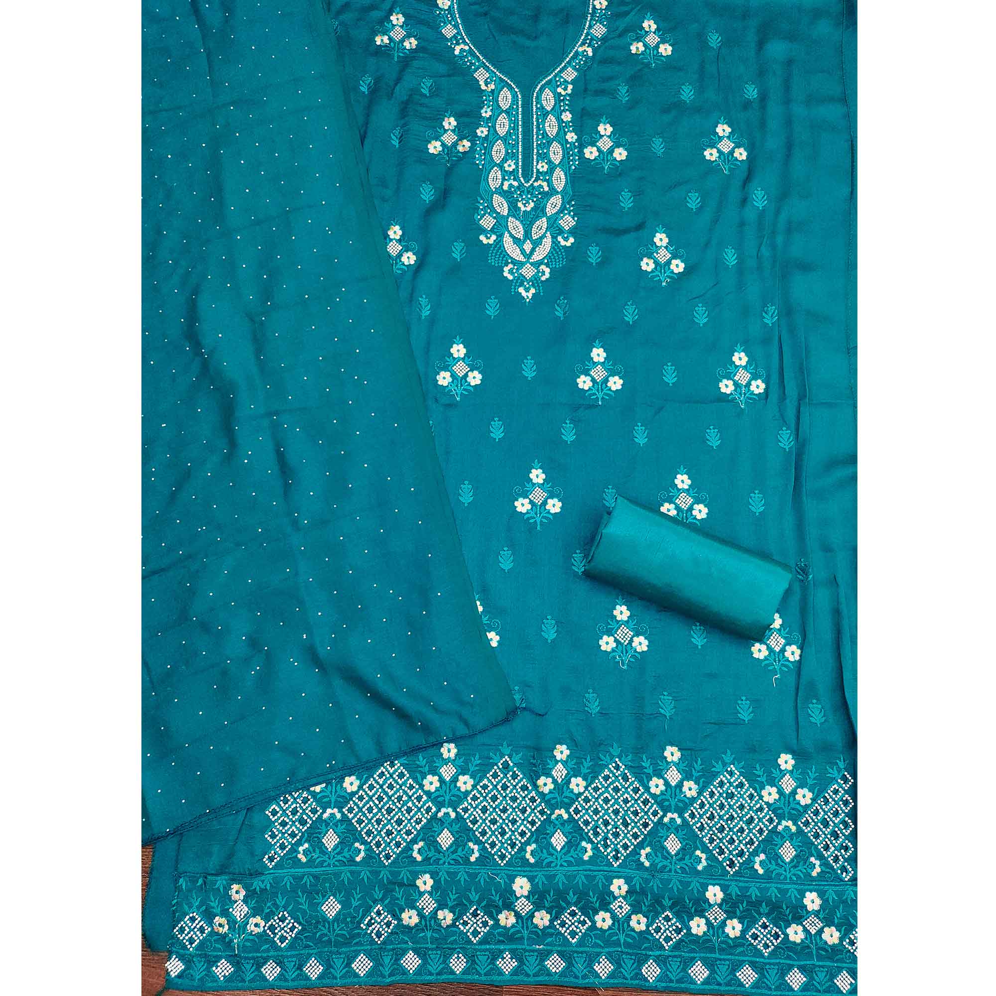 Gorgeous Teal Blue Floral Embroidered Vichitra Silk Dress Material Beautified With Swarovski Work - Image 3