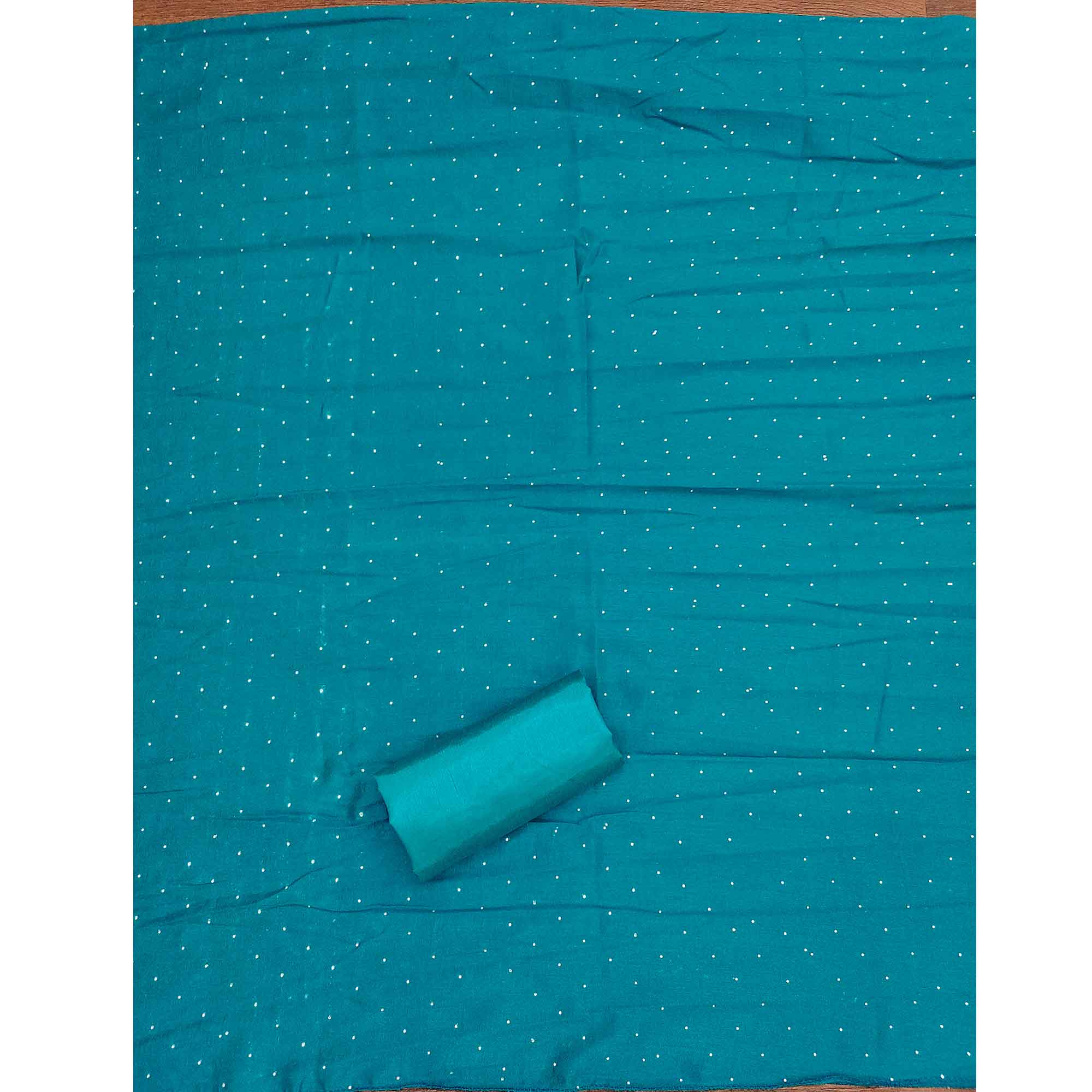 Gorgeous Teal Blue Floral Embroidered Vichitra Silk Dress Material Beautified With Swarovski Work - Image 4