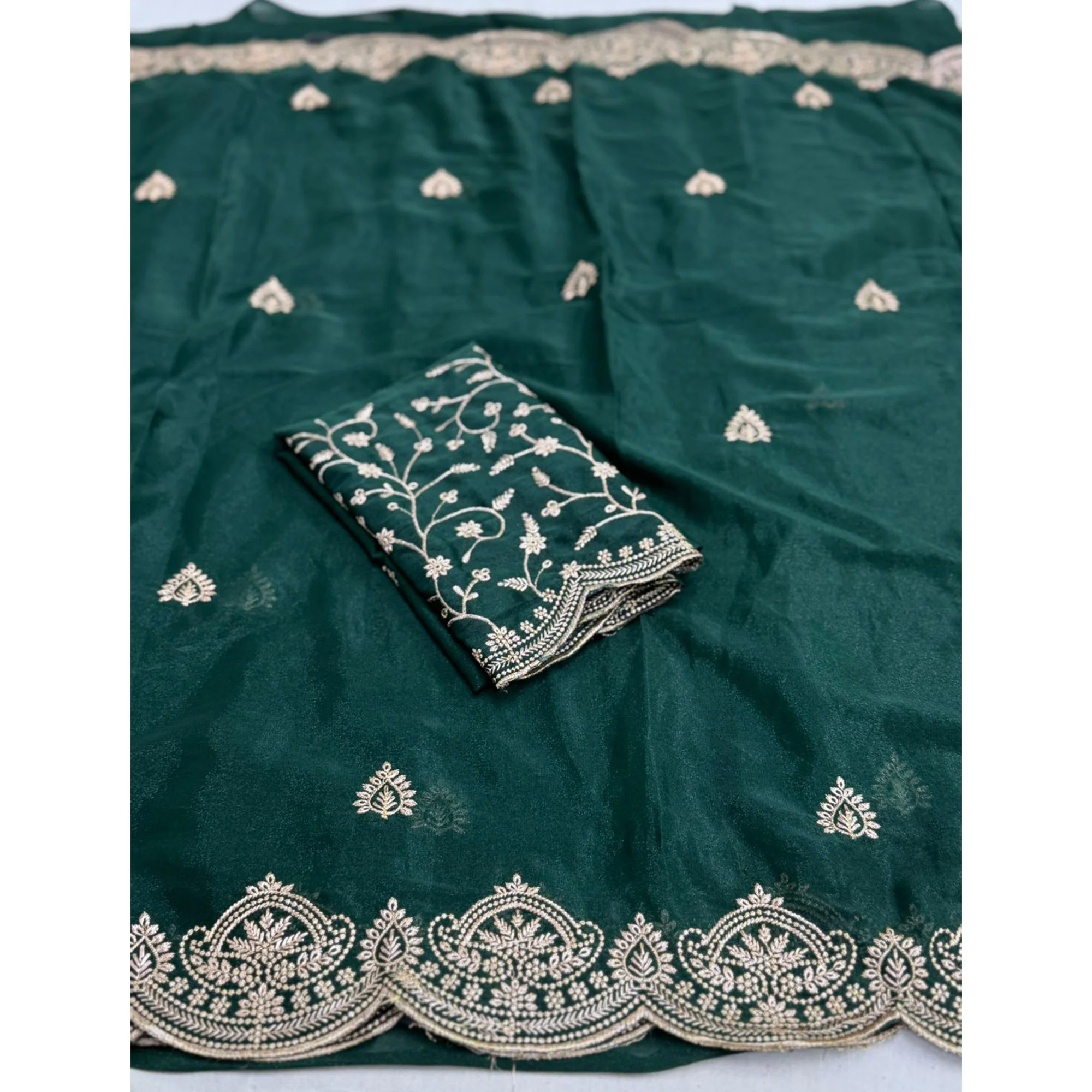 Gorgeous Teal Green Floral Embroidered Georgette Saree Accented With Luxurious Zari Work - Image 3