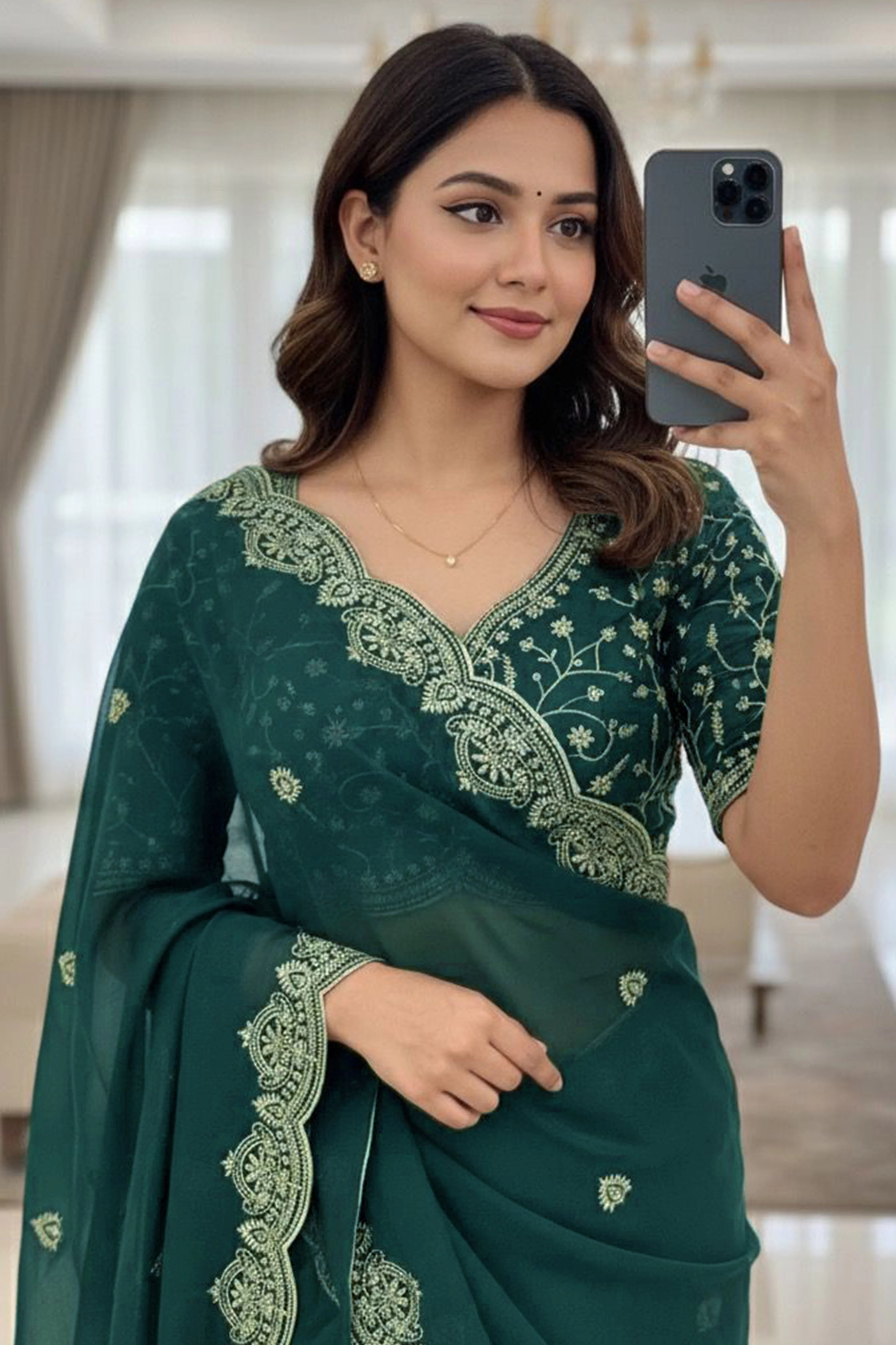 Gorgeous Teal Green Floral Embroidered Georgette Saree Accented With Luxurious Zari Work - Image 4
