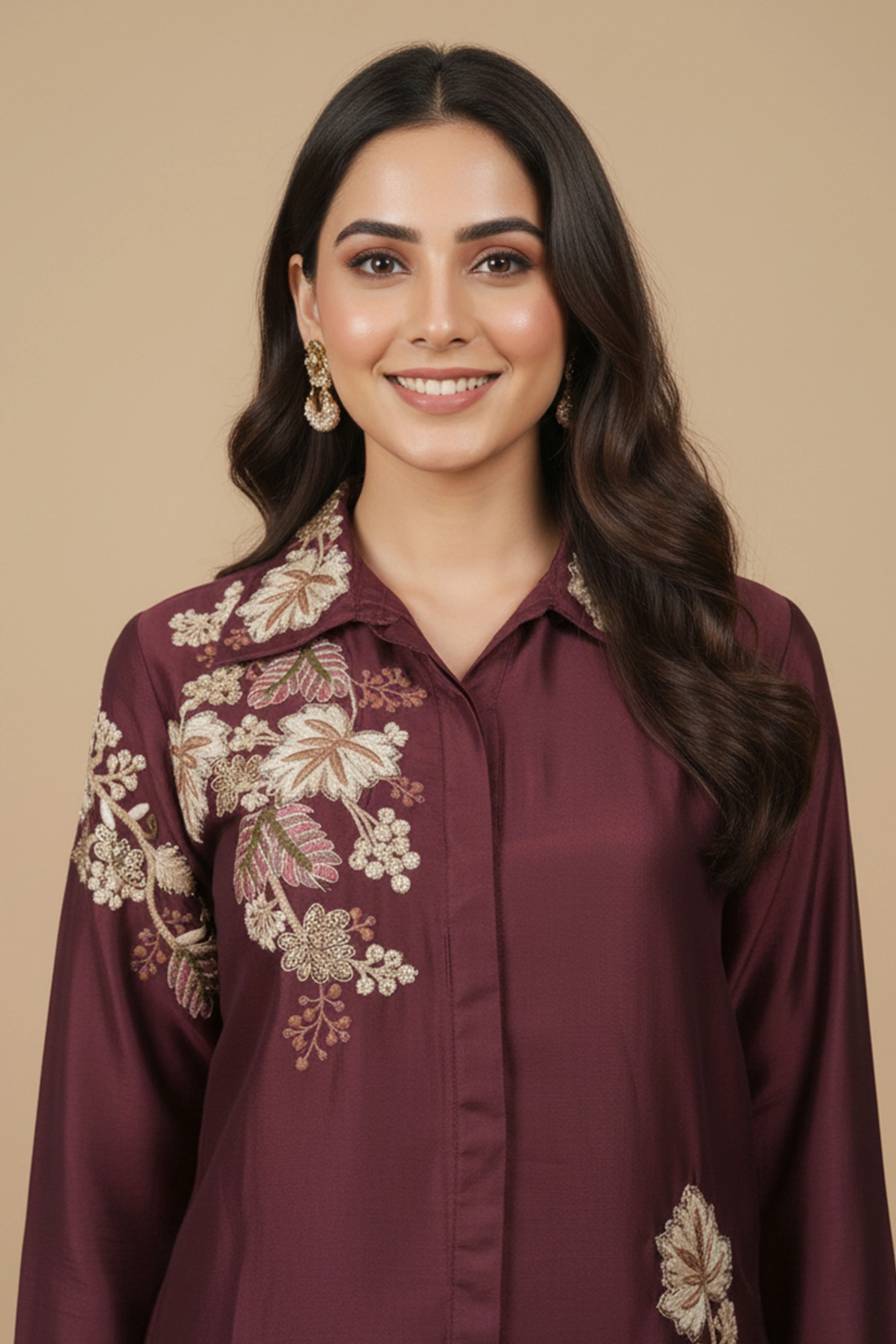 Gorgeous Wine Floral Embroidered Chinon Top Bottom Set for Party and Celebration Styling - Image 2