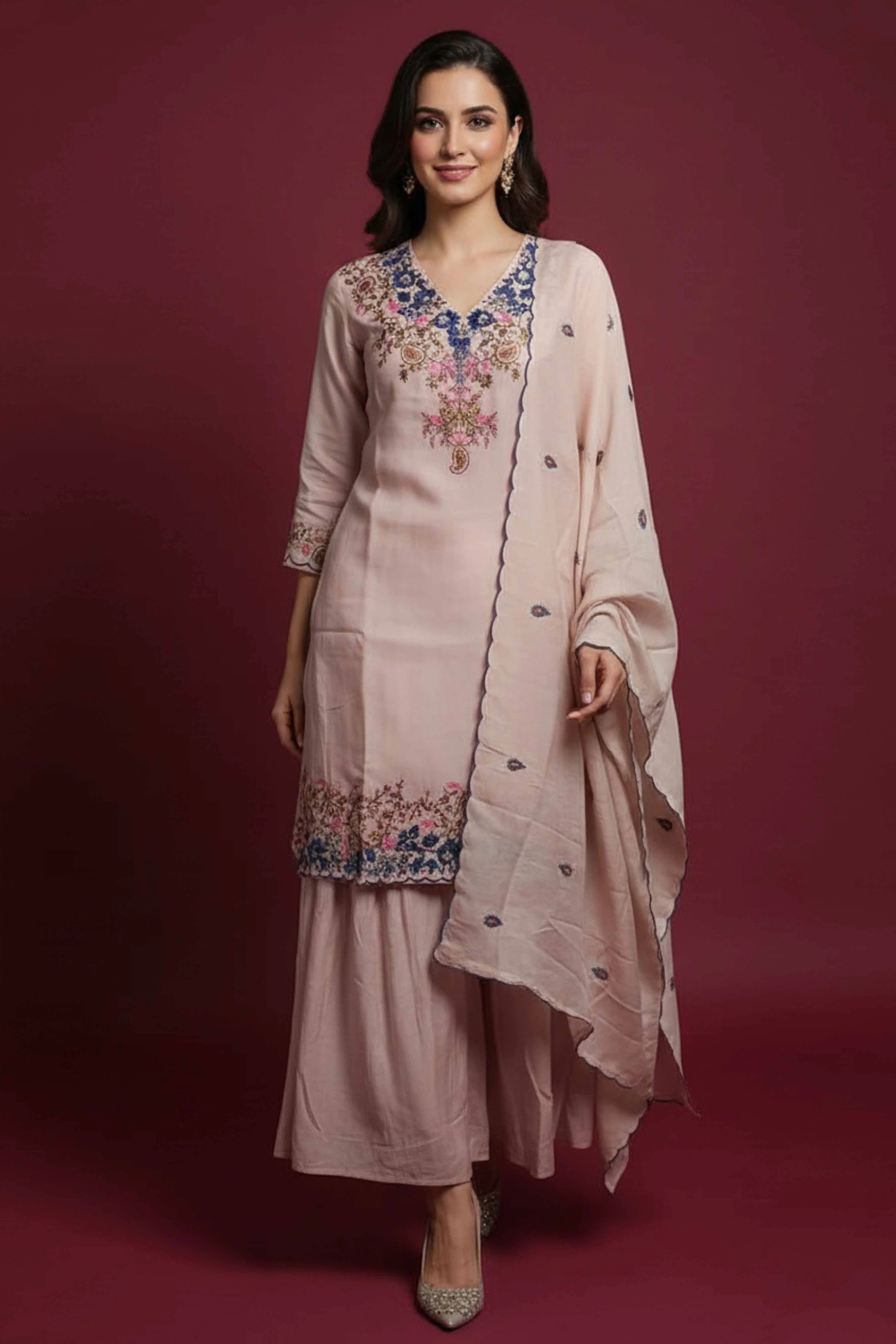 Graceful Baby Pink Viscose Sharara Suit With Floral Sequins Embroidery & Bead Detailing