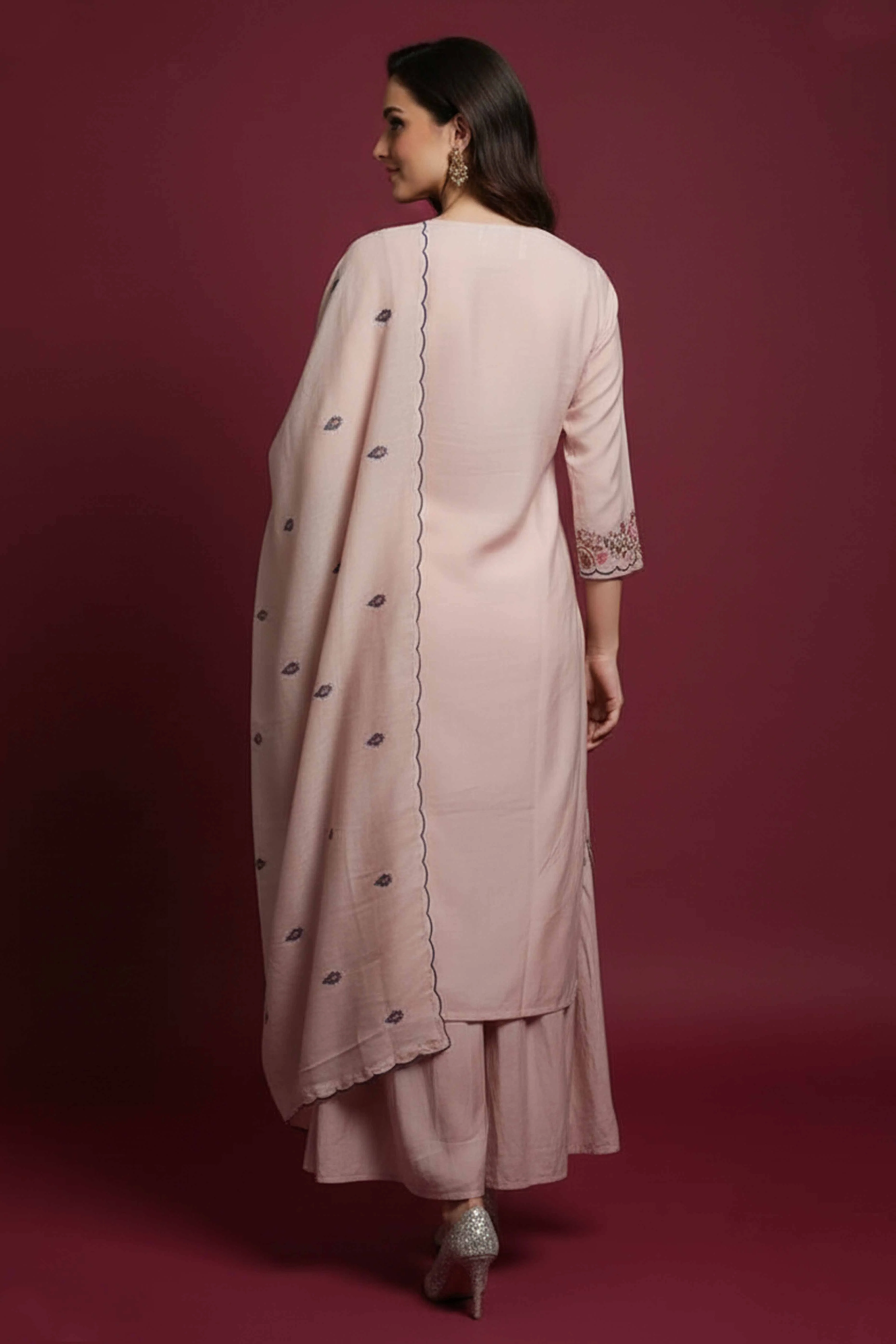 Graceful Baby Pink Viscose Sharara Suit With Floral Sequins Embroidery & Bead Detailing - Image 3