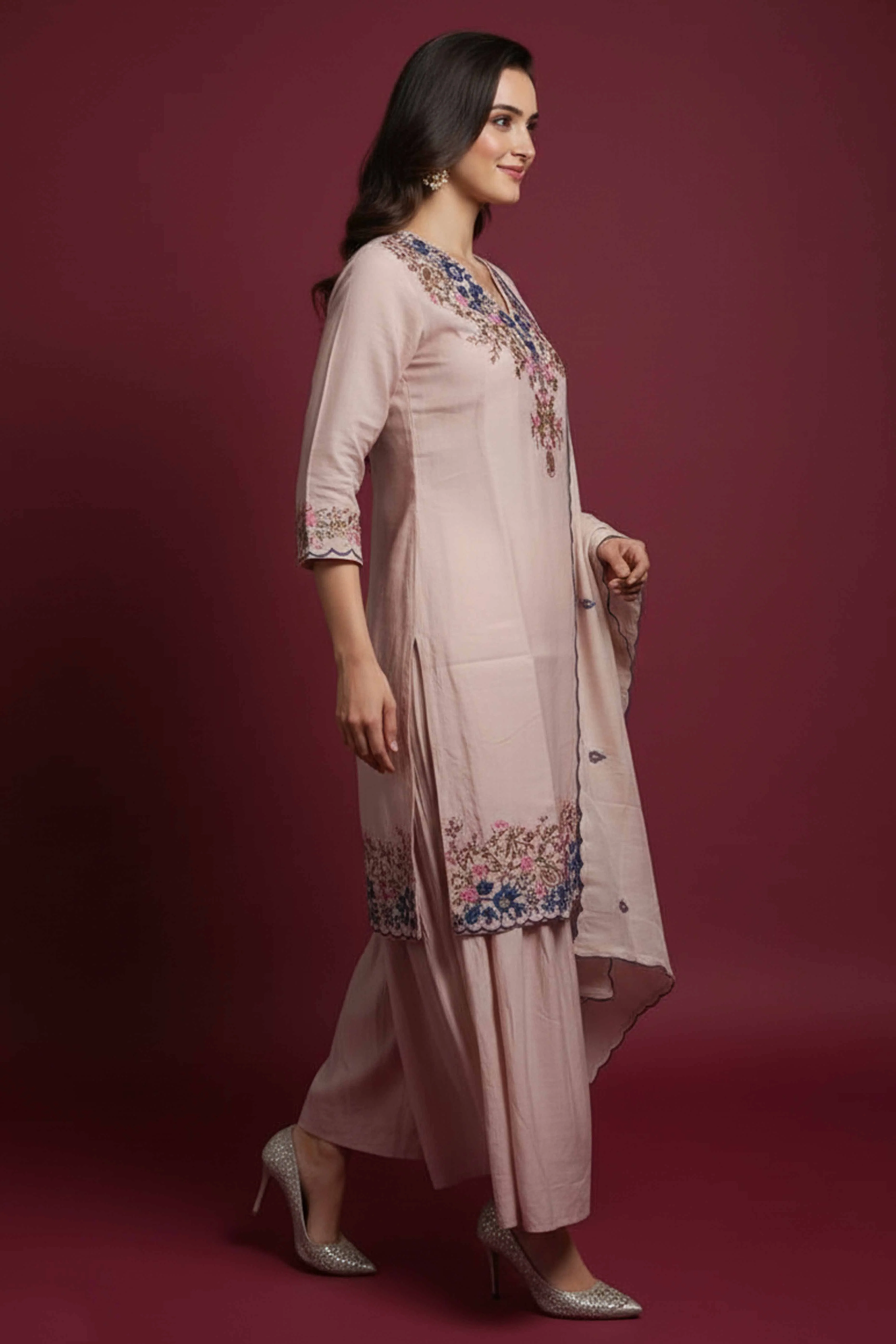 Graceful Baby Pink Viscose Sharara Suit With Floral Sequins Embroidery & Bead Detailing - Image 4