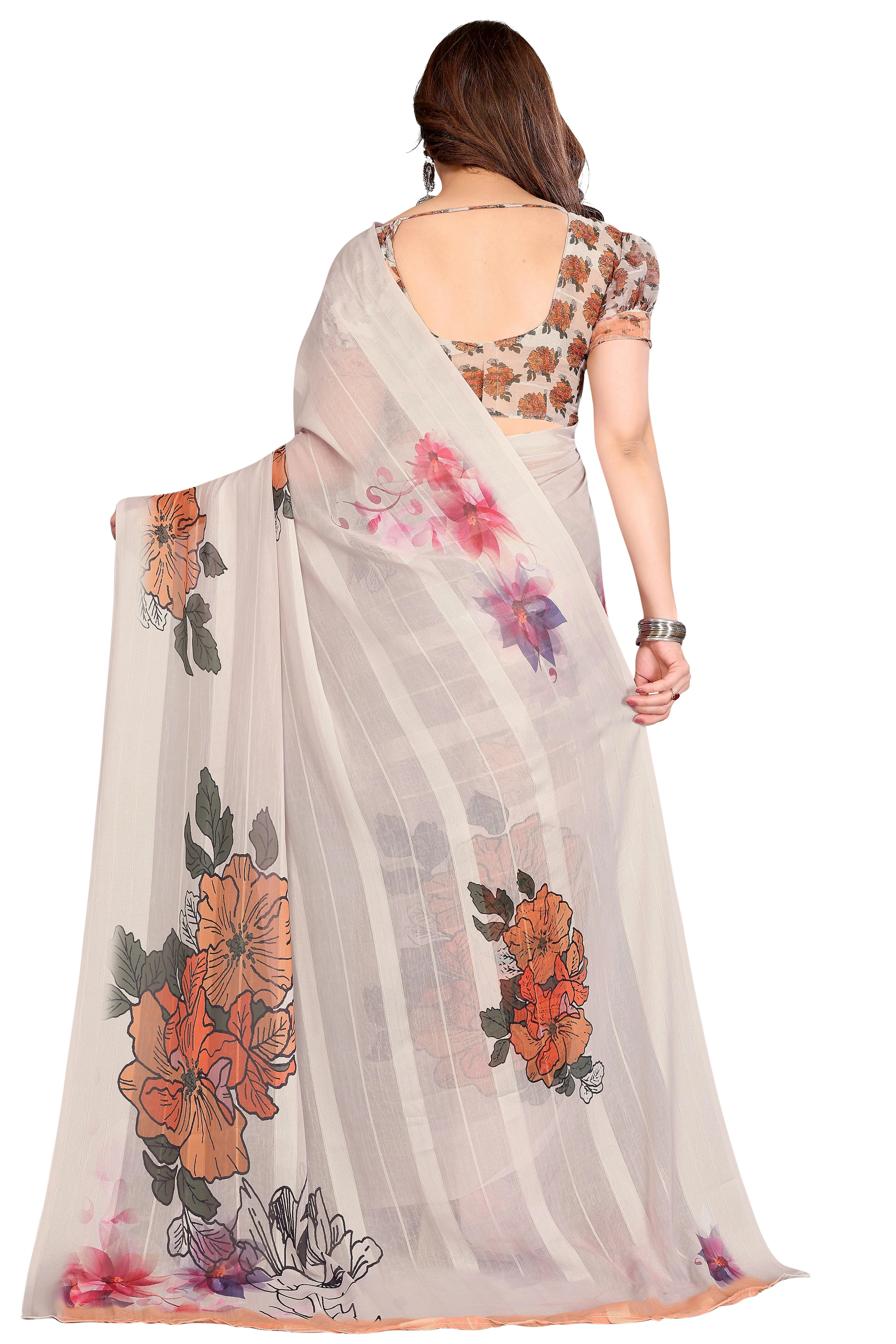 Graceful Beige Floral Digital Print Georgette Saree Featuring Zari Work & Vibrant Striped - Image 5
