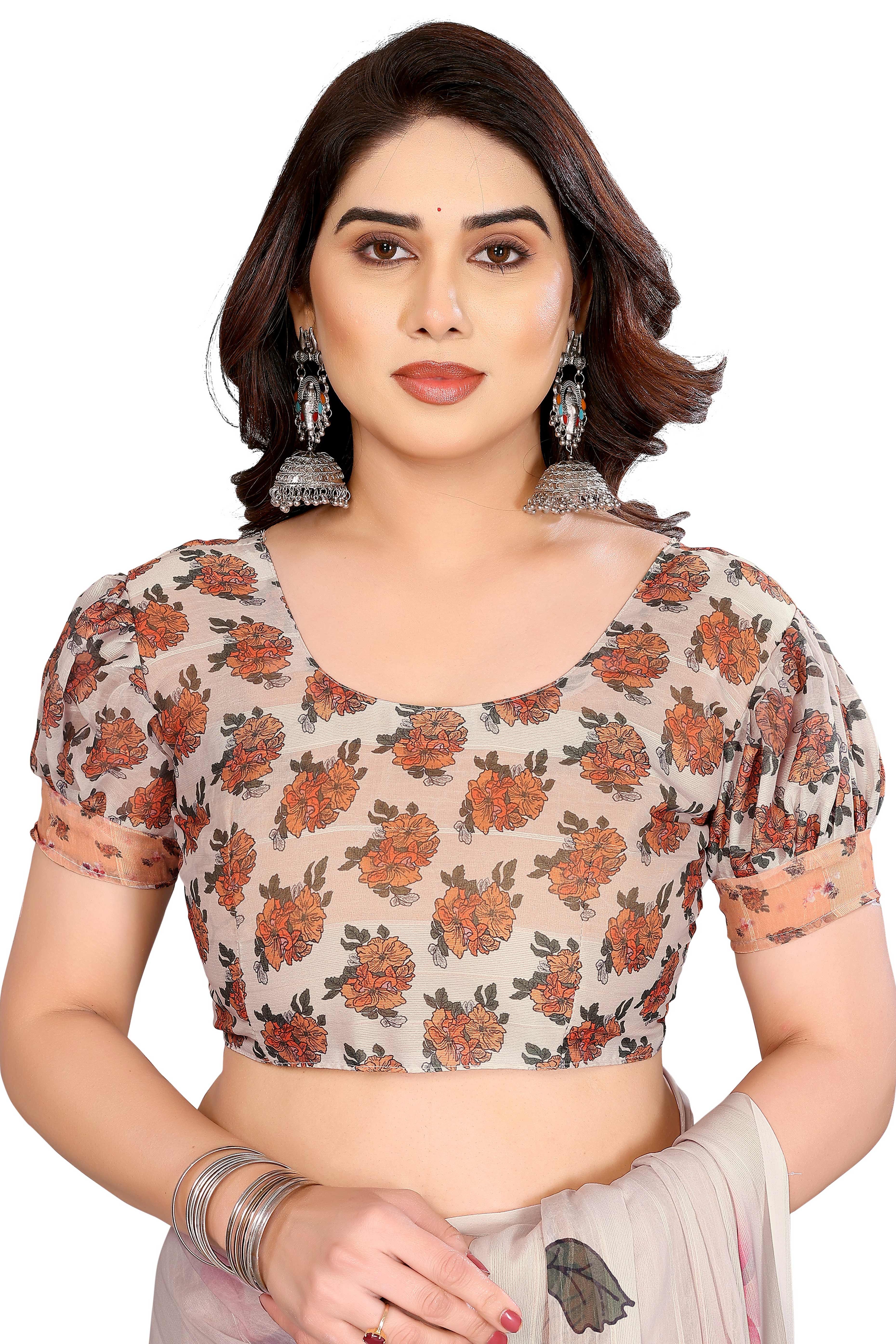 Graceful Beige Floral Digital Print Georgette Saree Featuring Zari Work & Vibrant Striped - Image 6