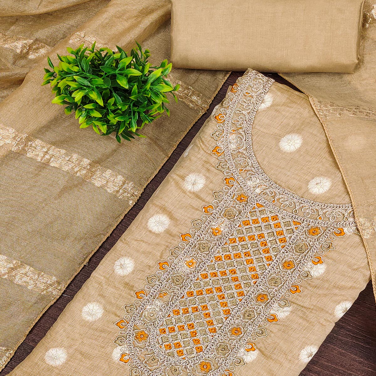 Graceful Beige Jacquard Dress Material Featuring Floral Weaving & Sequins Cording Embroidery - Image 2