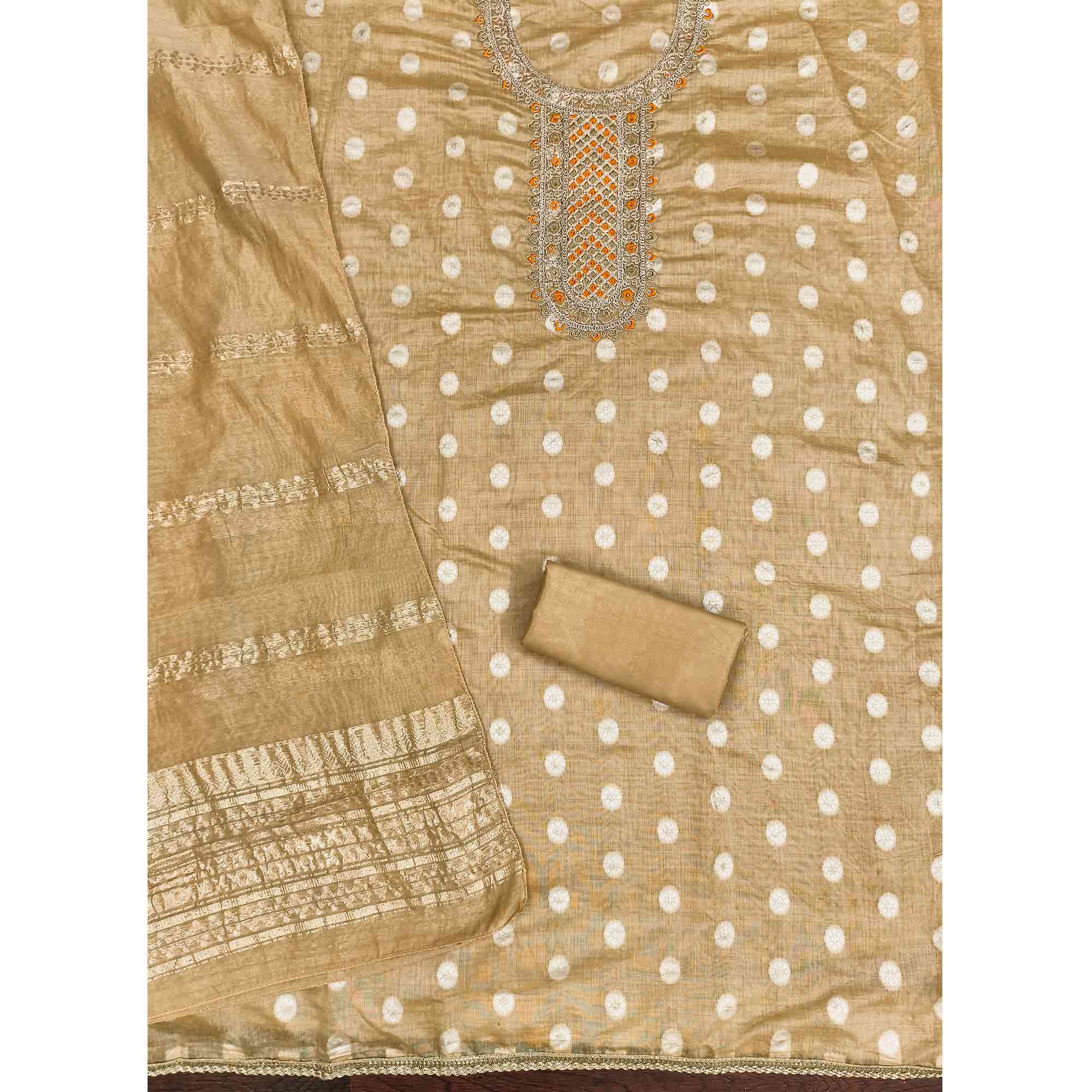 Graceful Beige Jacquard Dress Material Featuring Floral Weaving & Sequins Cording Embroidery - Image 3