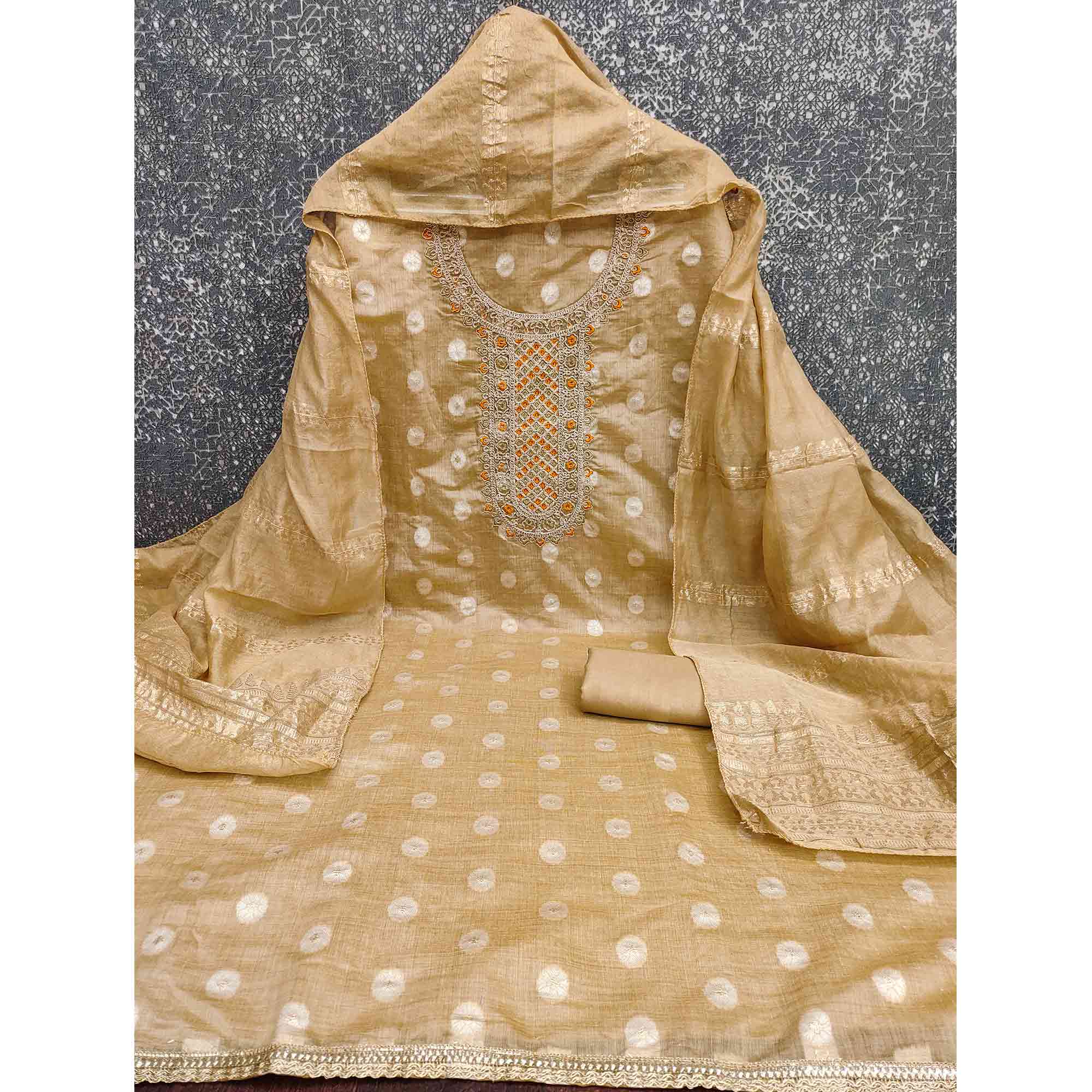 Graceful Beige Jacquard Dress Material Featuring Floral Weaving & Sequins Cording Embroidery - Image 4