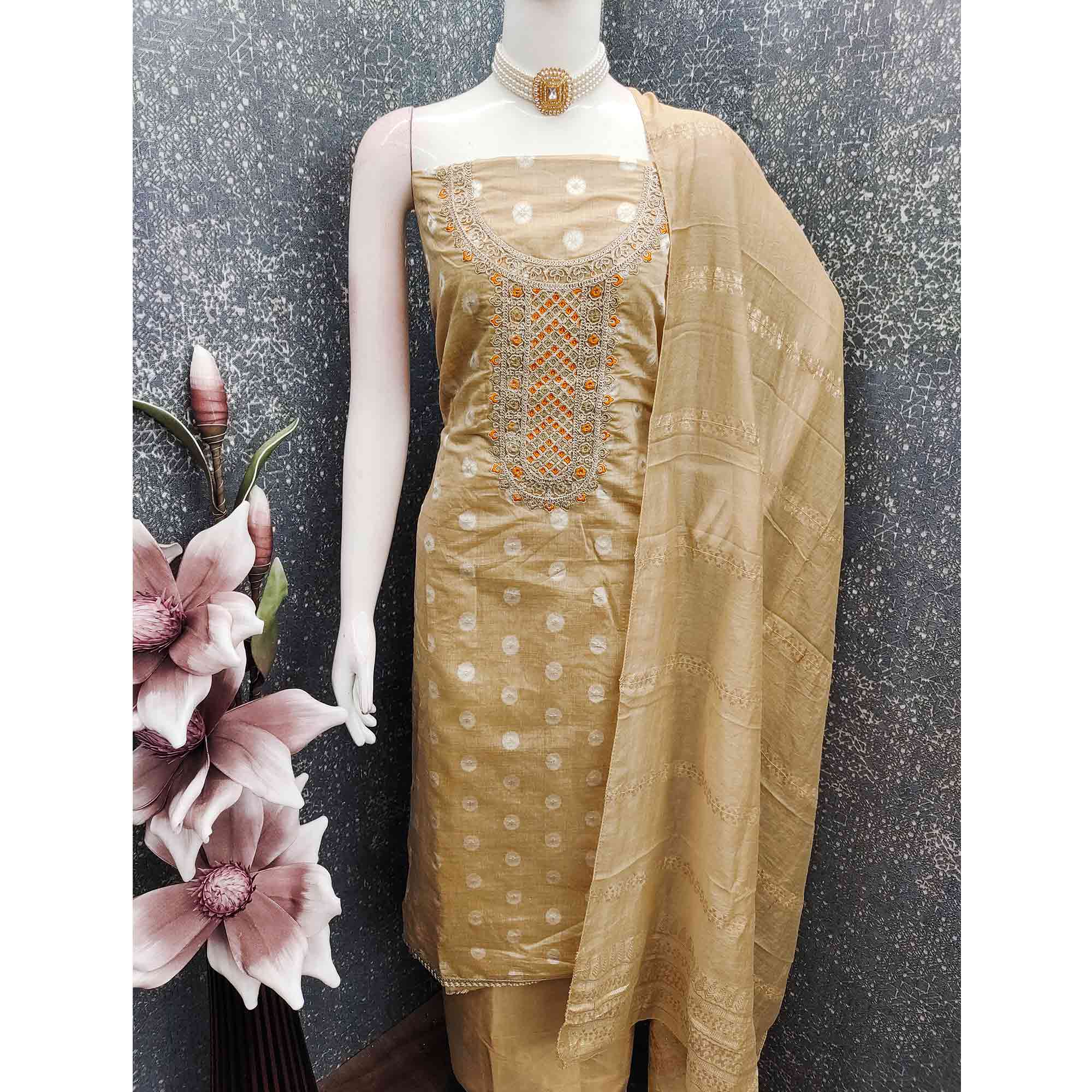 Graceful Beige Jacquard Dress Material Featuring Floral Weaving & Sequins Cording Embroidery - Image 6
