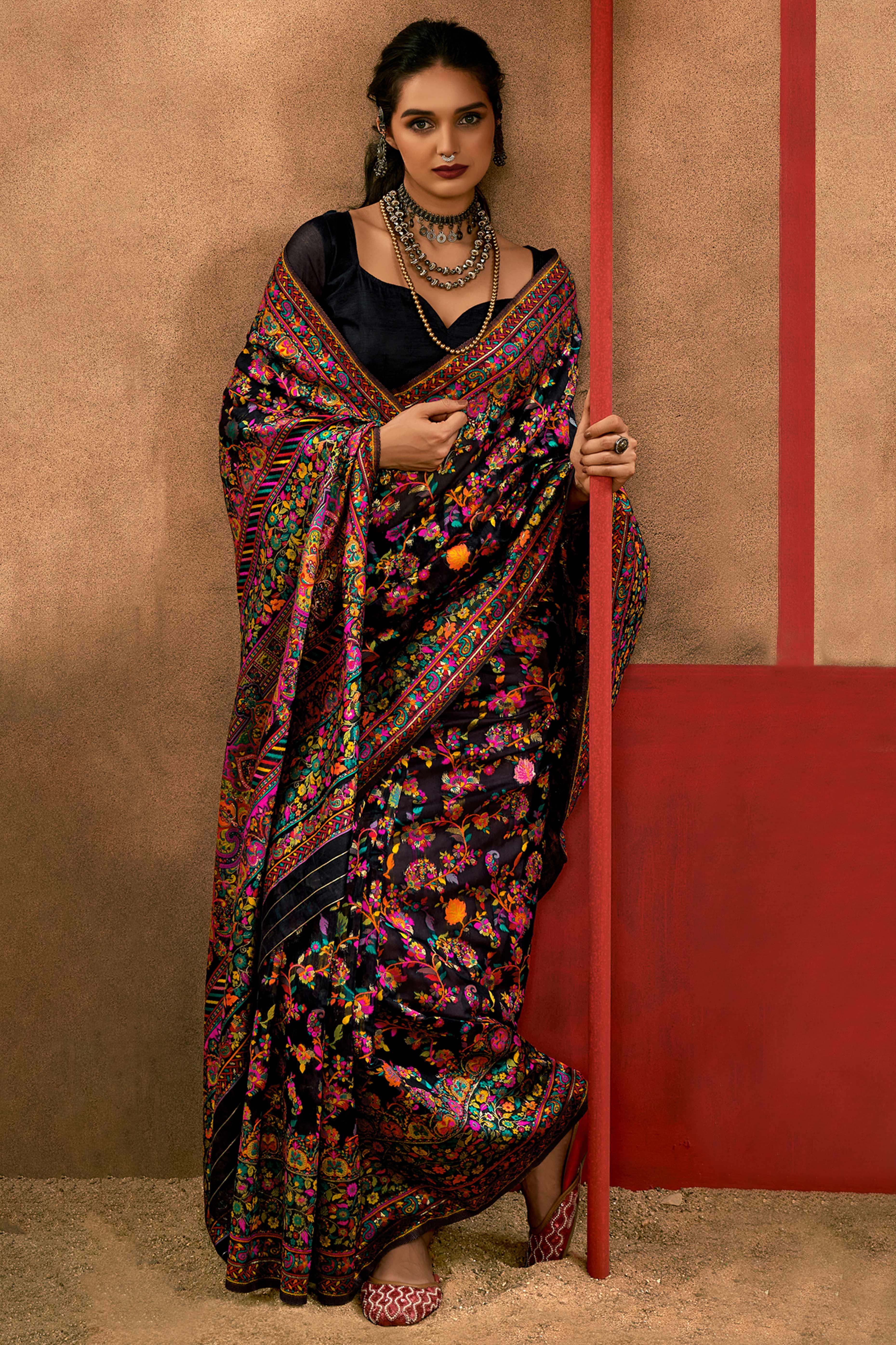Graceful Black Floral Weaving Pashmina Modal Cotton Blend Saree With Timeless Appeal - Image 3