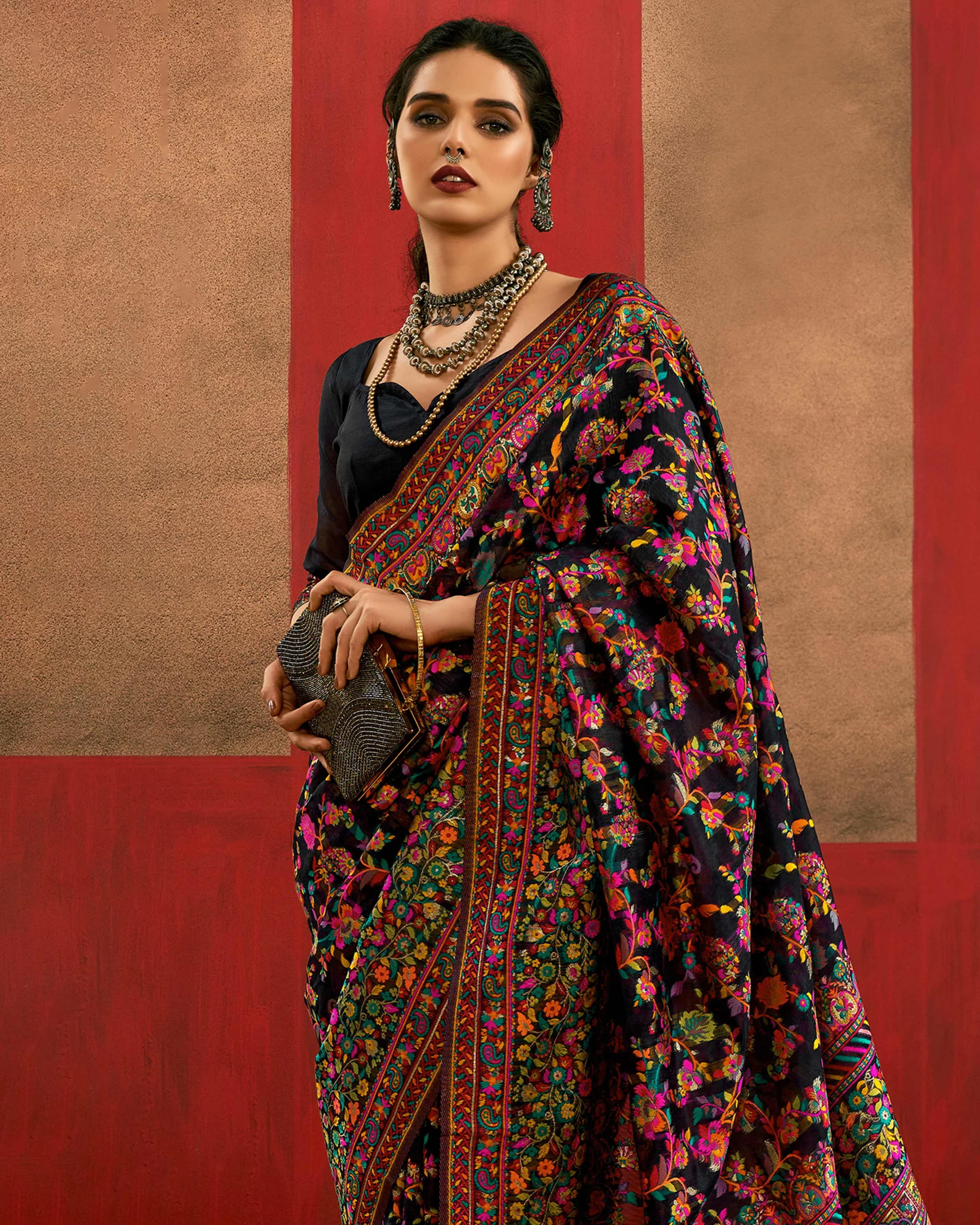 Graceful Black Floral Weaving Pashmina Modal Cotton Blend Saree With Timeless Appeal - Image 5