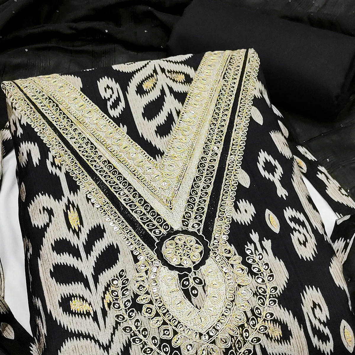 Graceful Black Ikkat Cotton Blend Dress Material Showcasing Cording Embroidery & Sequins - Image 2