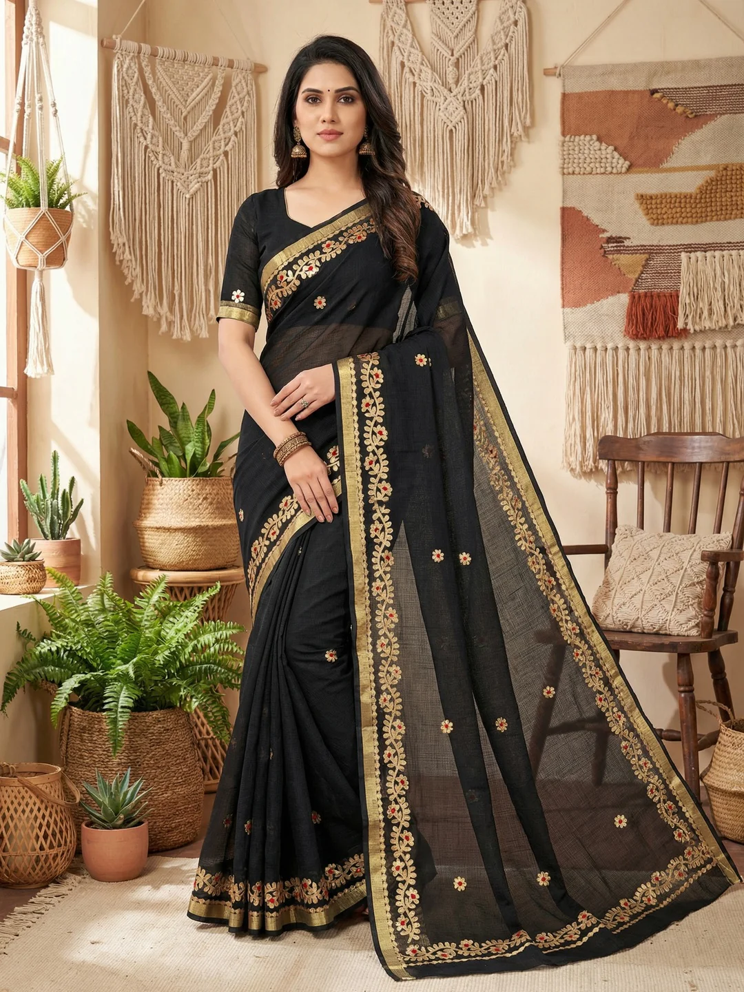 Graceful Black Kota Doria Saree Adorned With Delicate Floral Gota Patti & Zari Weaving Border