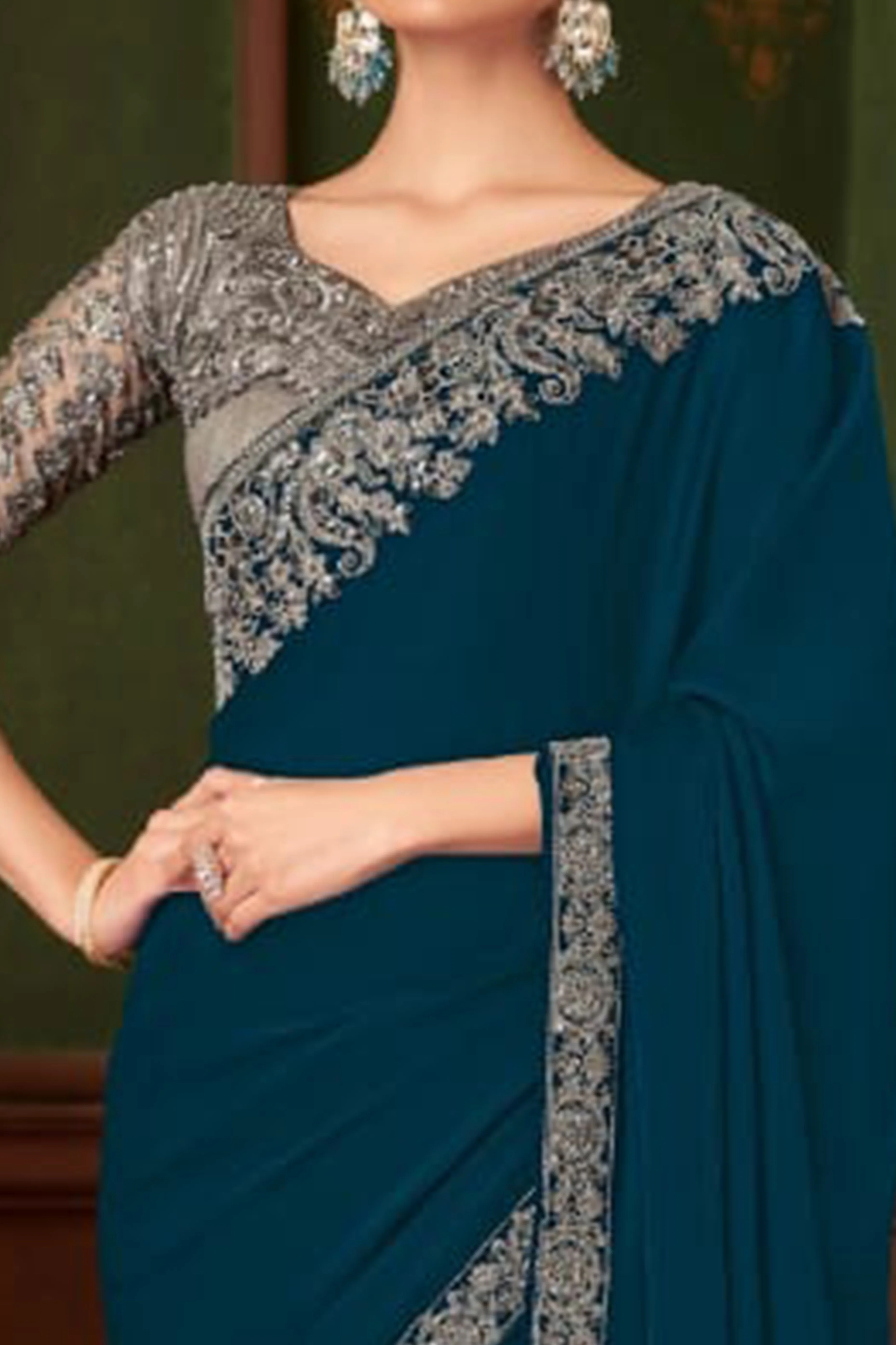 Graceful Blue Chiffon Saree Showcasing Exquisite Floral Thread Embroidery & Sequins Work - Image 2