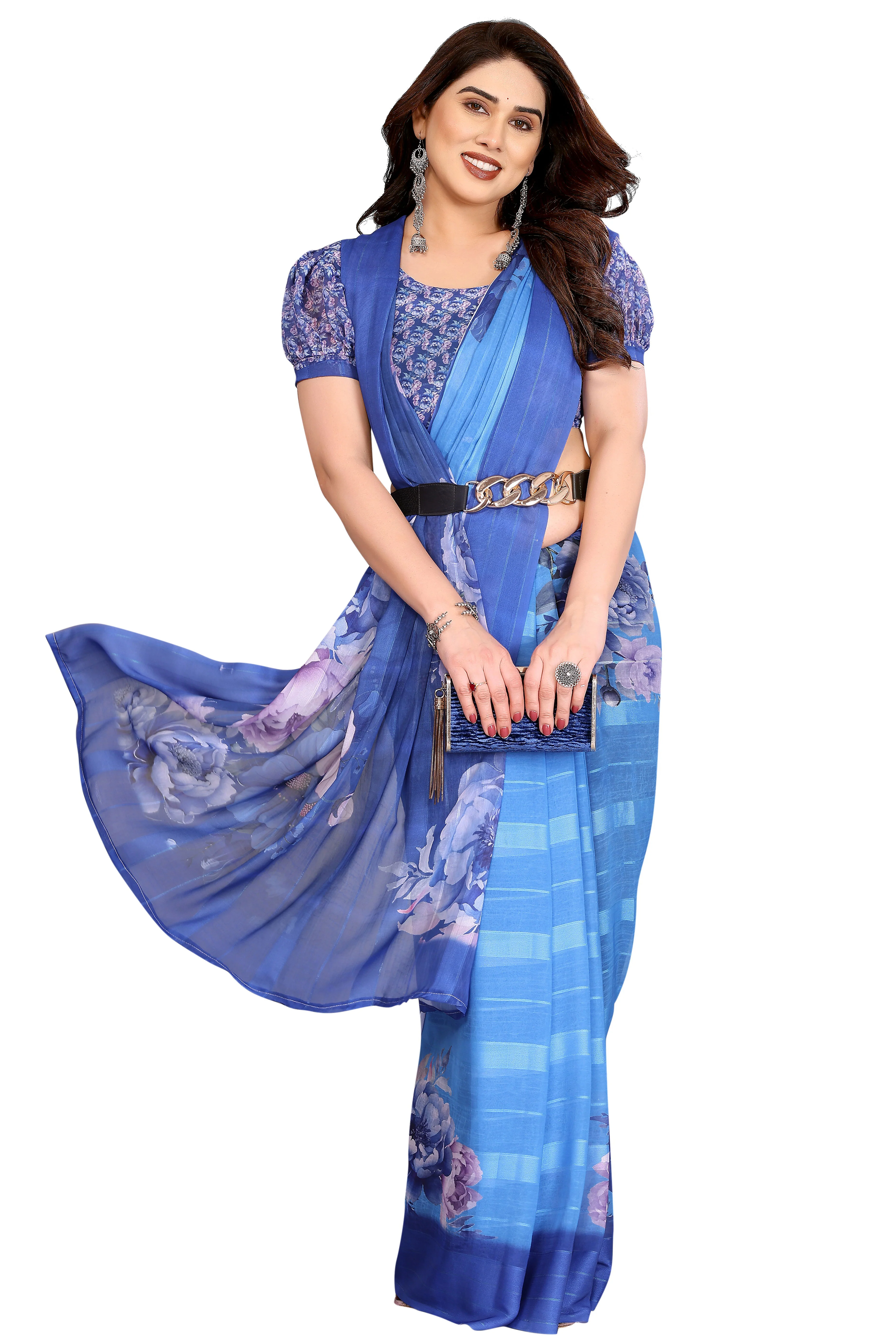 Graceful Blue Floral Digital Print Georgette Saree Featuring Zari Work & Vibrant Striped - Image 3
