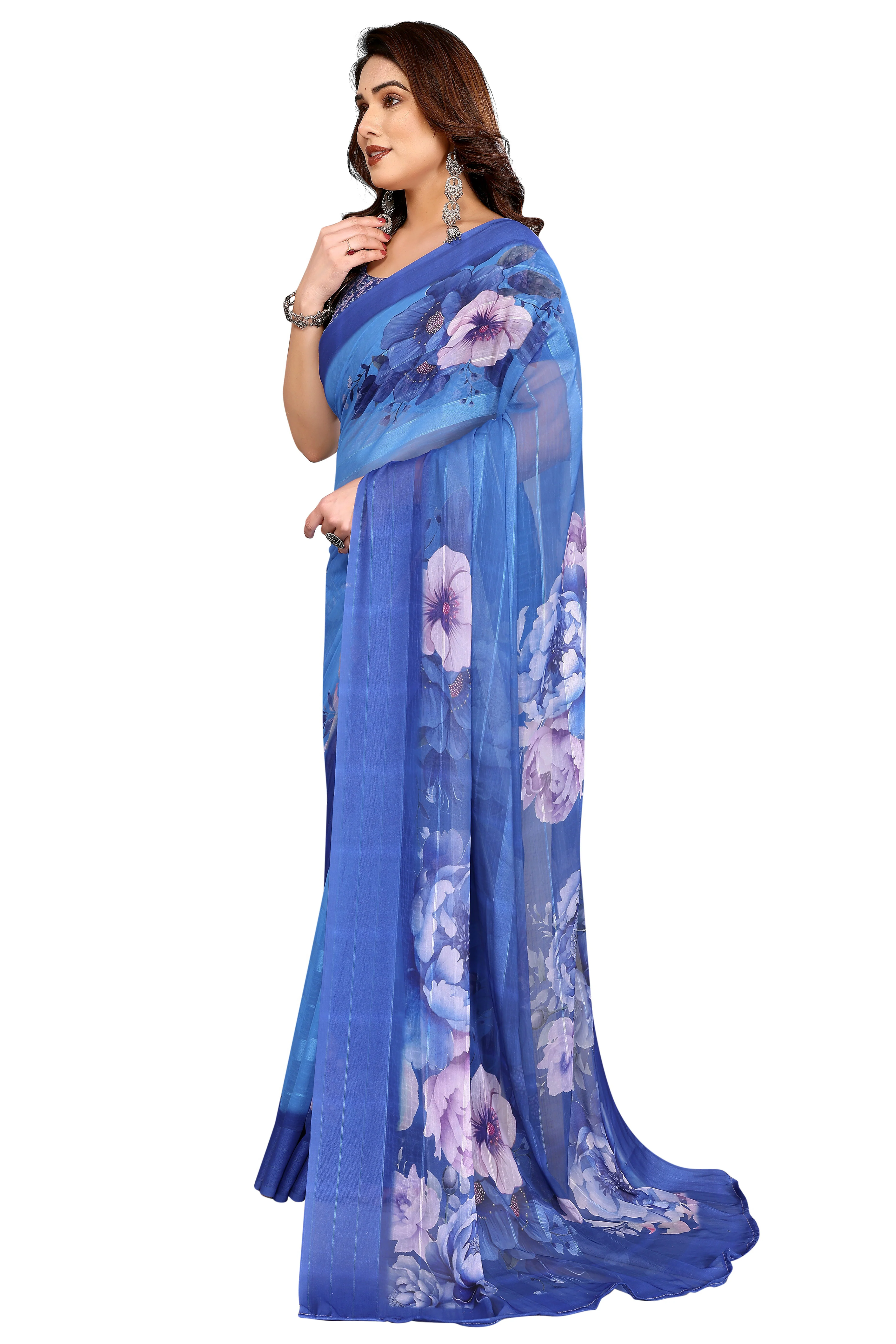 Graceful Blue Floral Digital Print Georgette Saree Featuring Zari Work & Vibrant Striped - Image 4